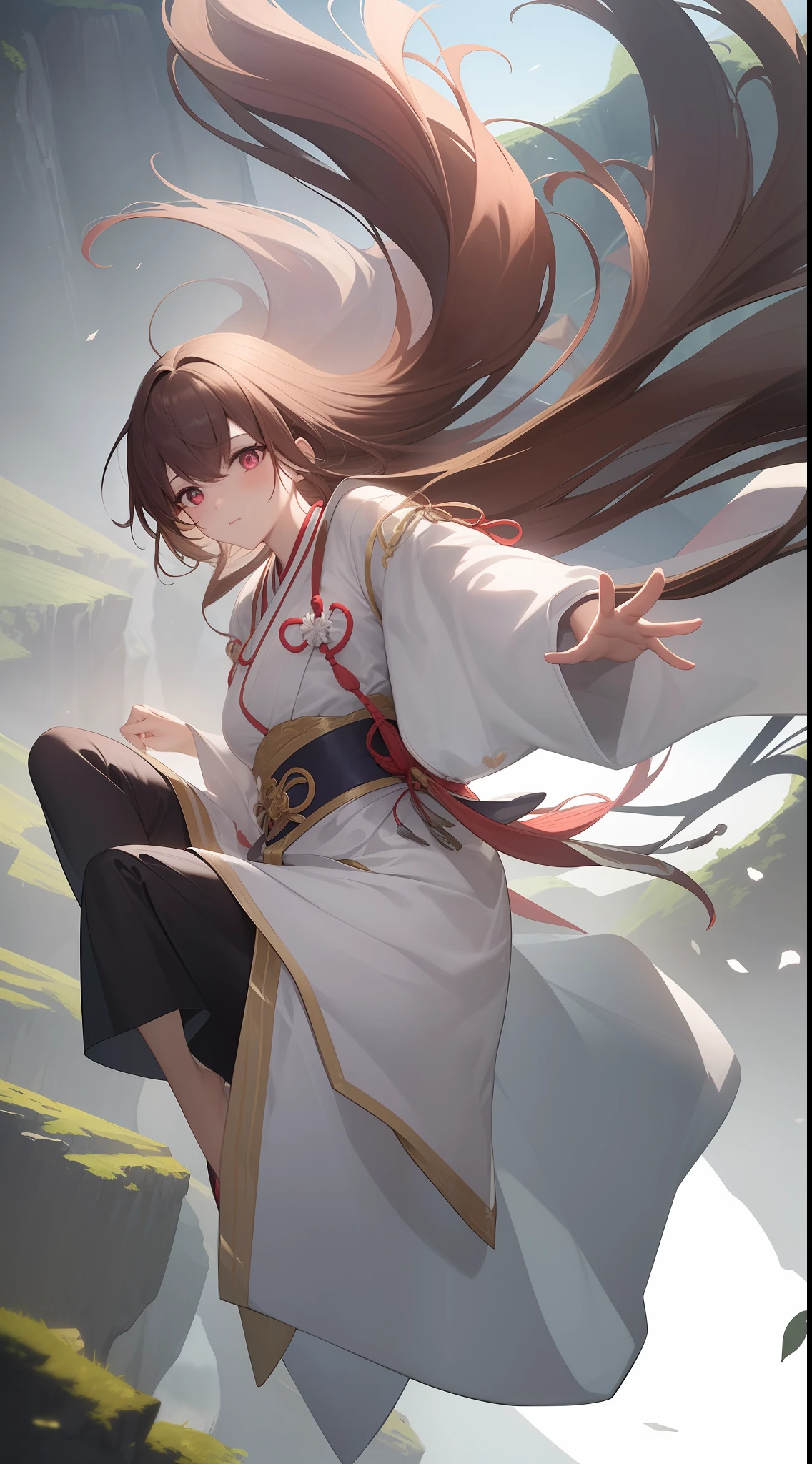 A woman wears a gorgeous light gauze Hanfu，gray pupil，Fall off a cliff，Bottomless cliffs，A figure hanging in the air，gray pupil，Motion blur background，brightly，8K，Overlooking，super detailing，tmasterpiece，best qualtiy