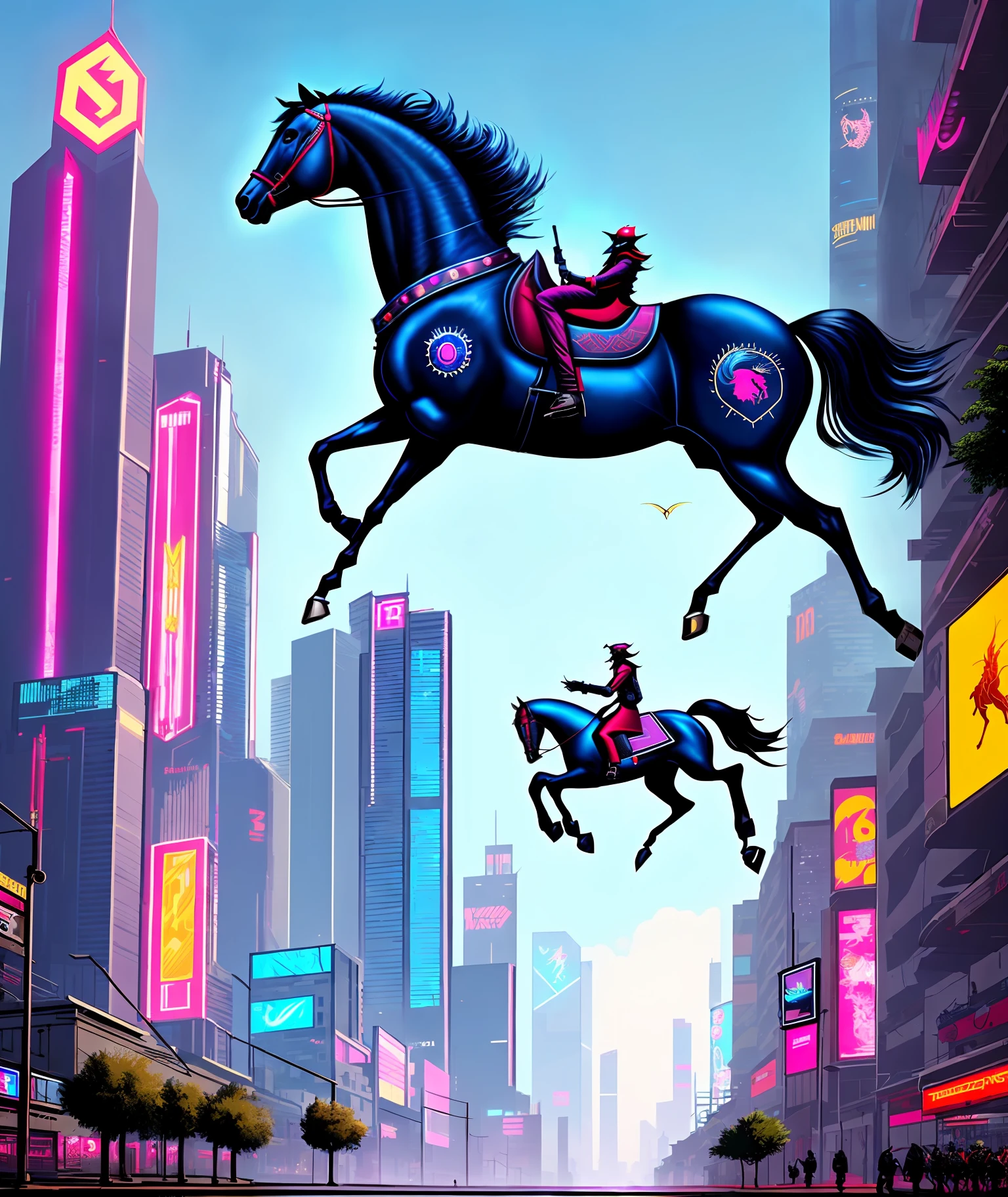Flying horse in cyberpunk style