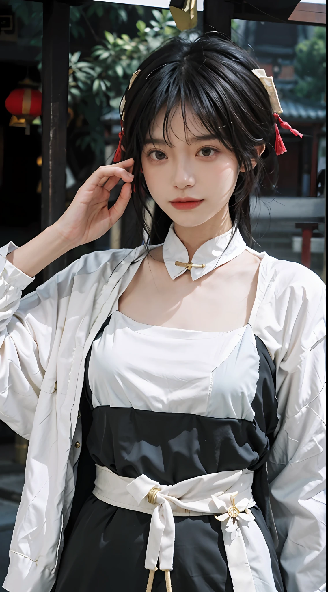 8K，best qualtiy，tmasterpiece，超高分辨率，（真实感：1.4），offcial art，Stunning character art，RAW photogr，（True skin texture：1.3），（filmgrain：1.3），1个Giant Breast Girl，Beautiful eye and face details，tmasterpiece，Best quality at best，closeup cleavage，full bodyesbian，looking at viewert，Daogu，Taoist temple background，Taoist costumes，Ray traching