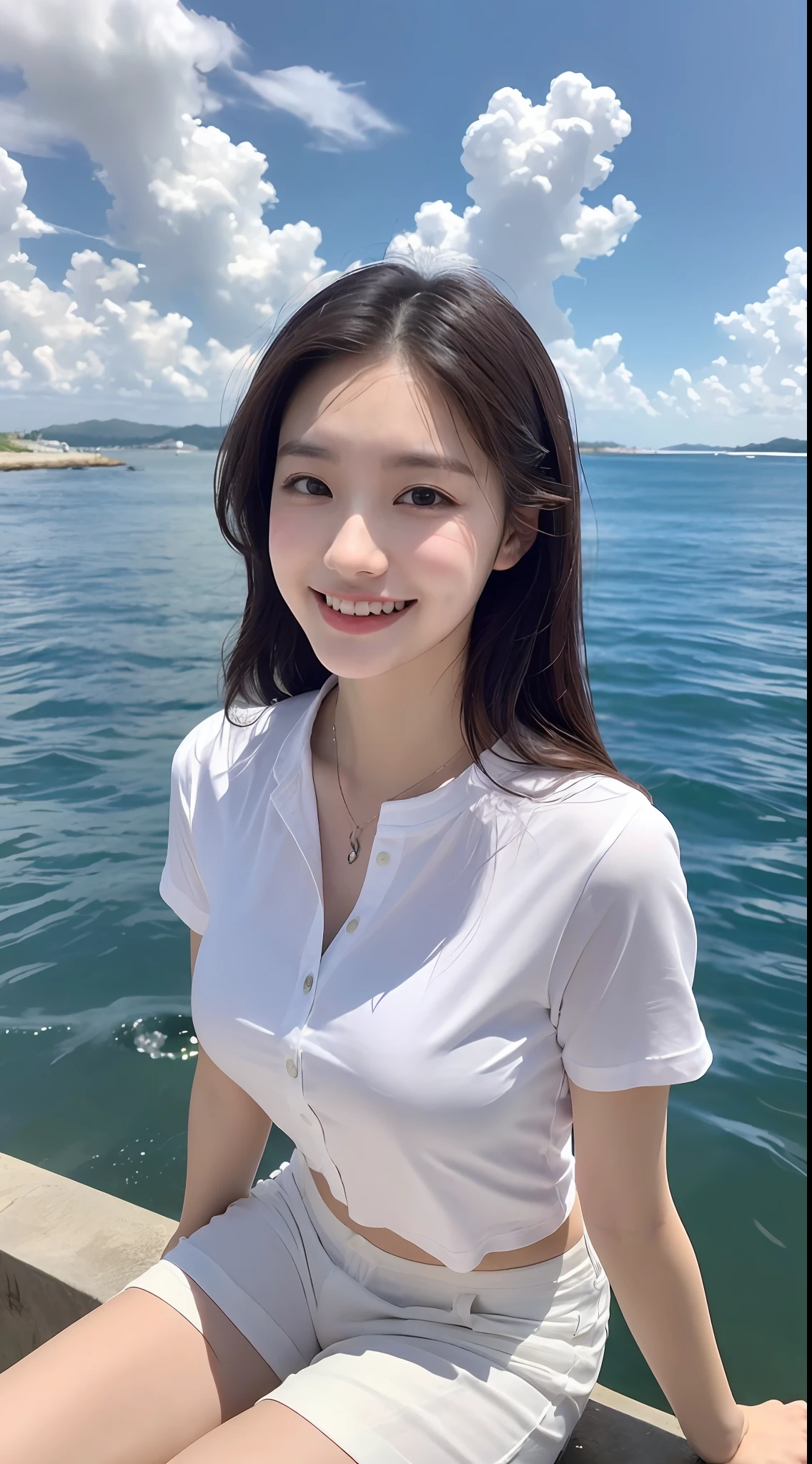 (1 Korean star with royal sister style), ((Best quality, 8K, 巨作: 1.3)), focal point: 1.2, Perfect body proportions: 1.4, (Make a smile),  （Ray traching）,Watery eyes, Highly Detailed Face and Skin Textur, Fine eyes, Double eyelids, Whitens the skin, (long whitr hair, Air bangs: 1.3), (face round: 1.5), (JK school uniform: 1.4), (duck sitting，Sitting by the sea: 1.6),,(White skinny shirt，blue short pants:1.4),(Colorful background)The background is clear，with blue sky and white clouds