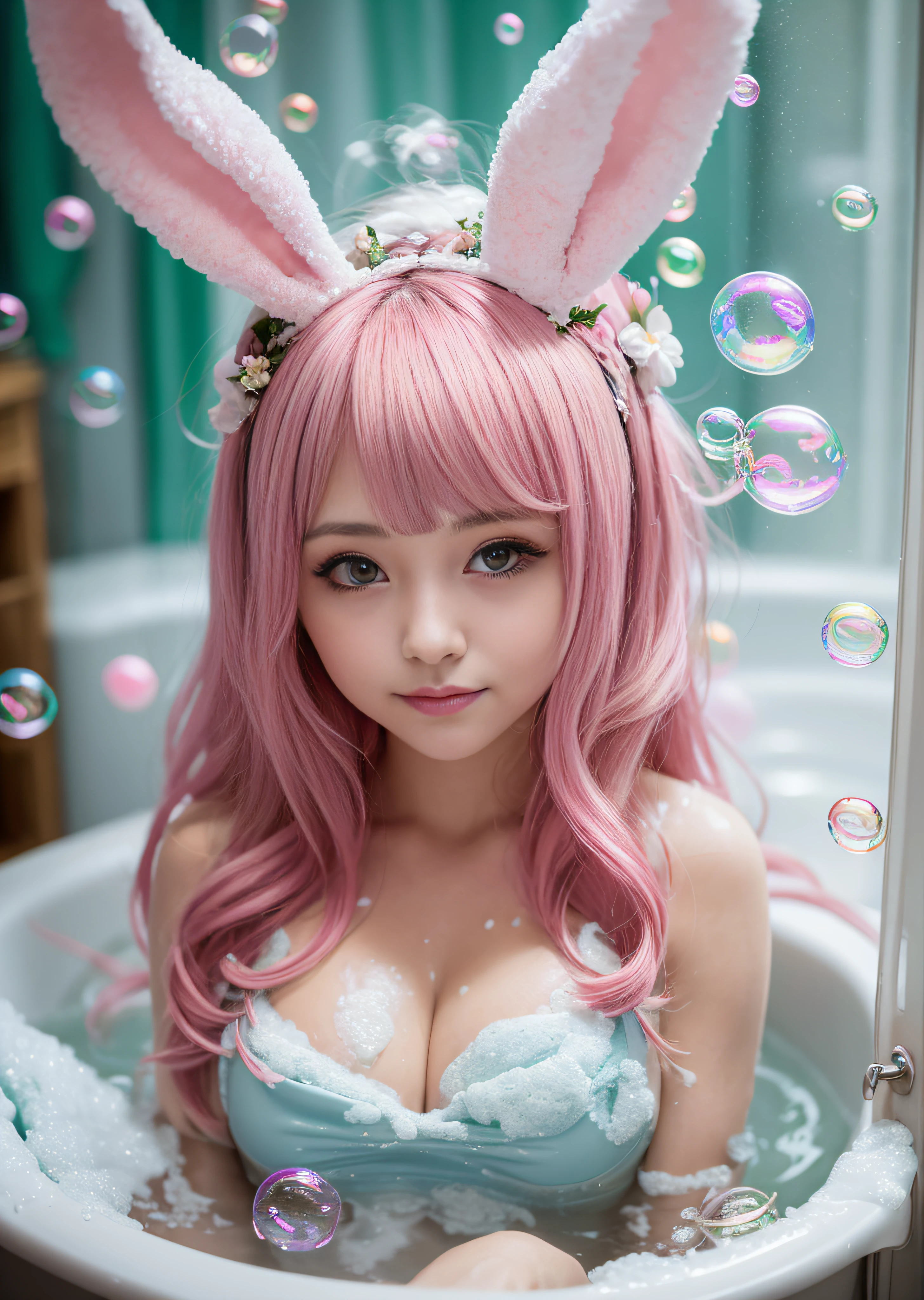 Pink hair、A smile、Pink costume、hugetits、hugetits、Delusional milk、Transverse breasts、Lower breast、Hami milk、Taking a bubble bath、Covered in bubbles、((Covered in soap bubbles))、Beautiful cute flowers、Gentle light is shining、length hair、Twin-tailed、Bun head、(((Bunny Girl)))、kawaii faces、uniformss