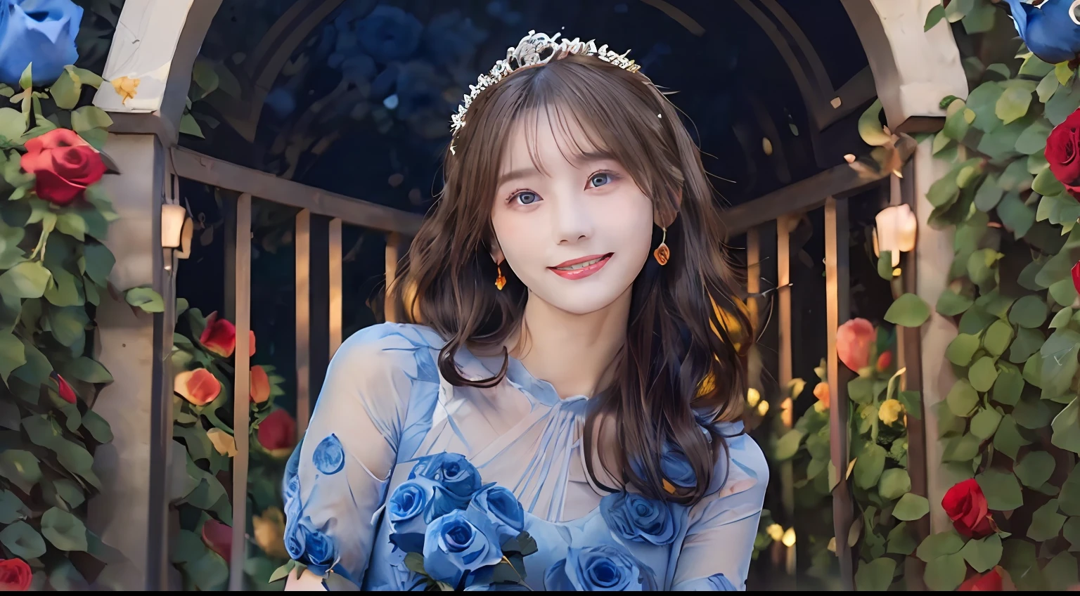 best quality, masterpiece, ultra high res, (photorealistic:1.4), RAW photo,cinematic lighting,(a japanese girl:1.5),solo,20 years old,big breasts,(detailed beautiful face:1.5),(real skin:1.5),(slender,thin legs:1.3),(big eyes:1.3),(smiling:1.3),(brown wavy hair:1.5),(Princess,gorgeous dress,tiara:1.5),BREAK(in garden,arch blue roses:1.8),(millions of blue rose flowers:1.5),(gate decorated with roses:1.8),(circle of roses:1.5),