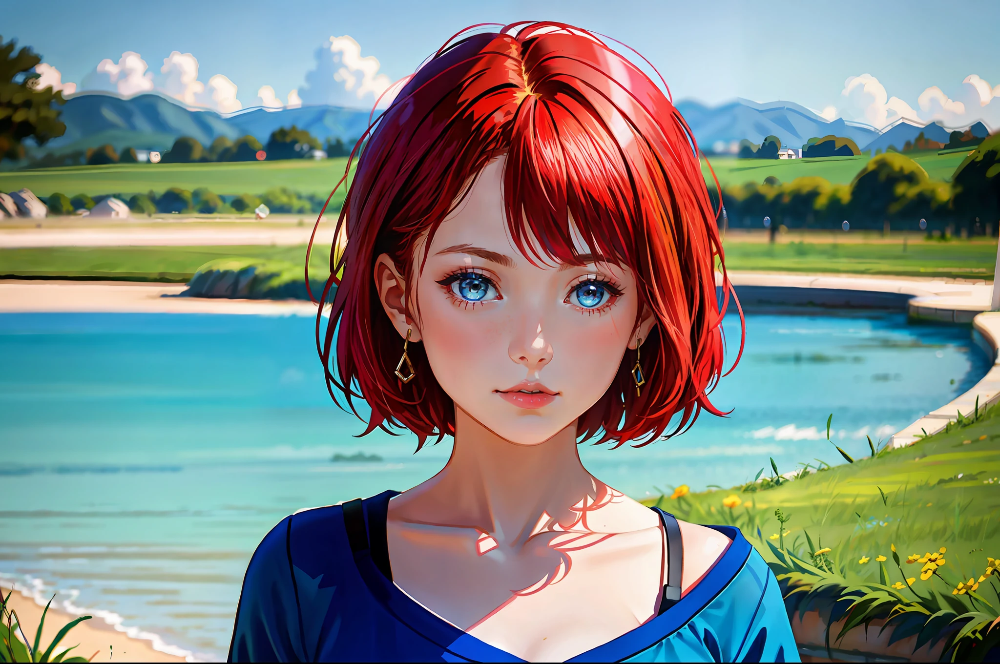 there is a young girl with a short hair and a blue shirt, a redheaded young woman, soft portrait shot 8 k, photo of young woman, perfectly centered portrait, 7 0 mm portrait, red haired young woman, 4 k asymmetrical portrait, head centered portrait, 60mm portrait, landscape