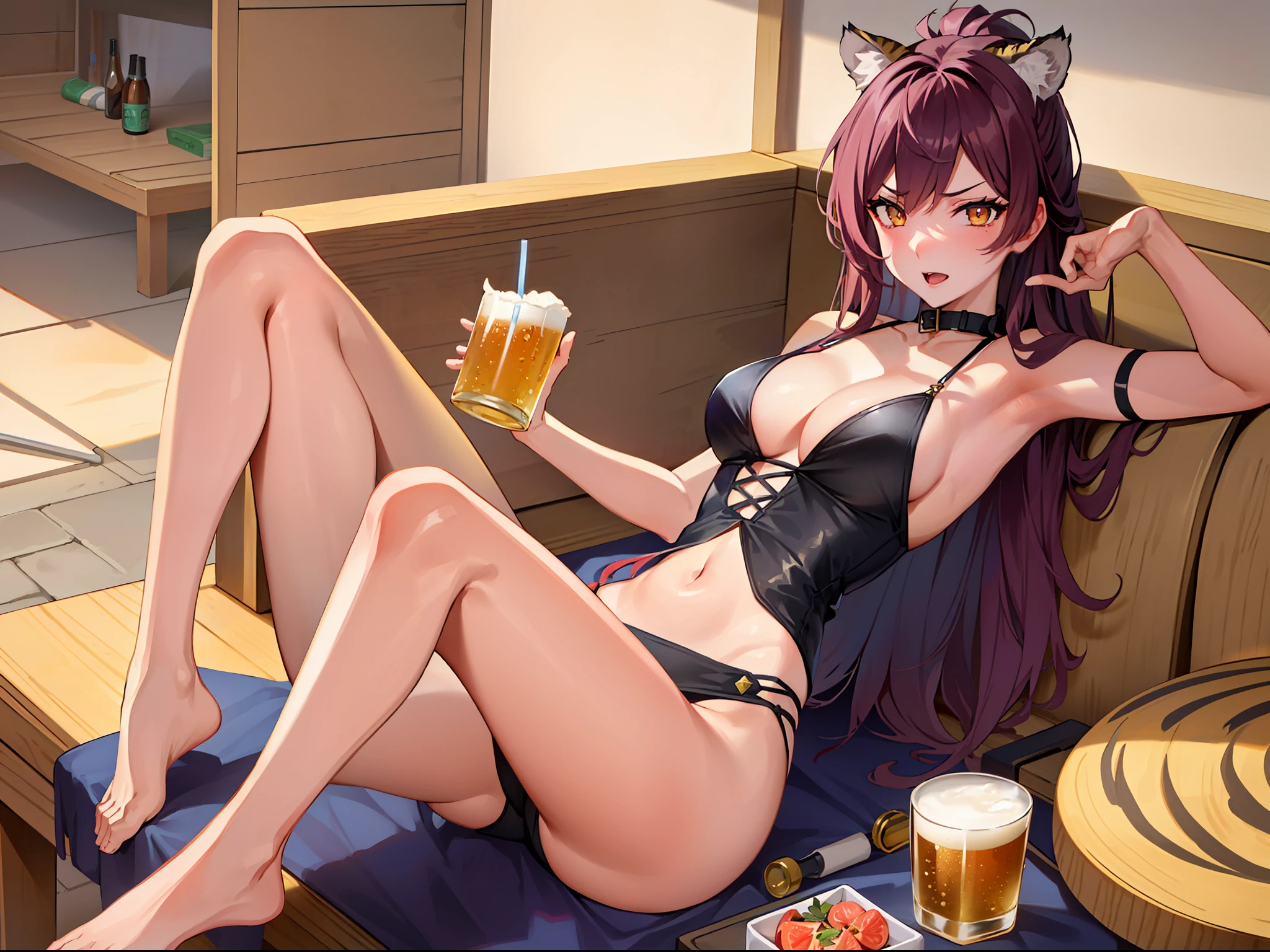 超A high resolution, nffsw, Best aesthetic, Best Quality, masutepiece, Detailed face,(Tiger in the eye), Beautiful eyes, 1 girl, Transverse breasts, Drunk, Solo, menacing pose, Ultra-detailed, Playing.Drinking beer