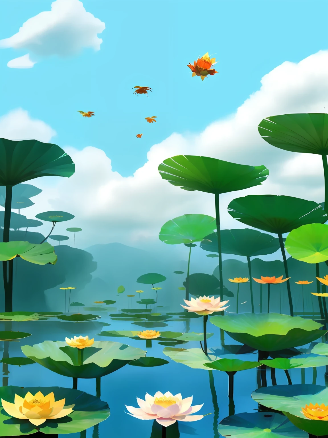 夏天，Medium volts，Lotus in bloom，Tall lotus leaves，Transparent amber，water melon，The fish，water，down view，Sunnyday，with blue sky and white clouds