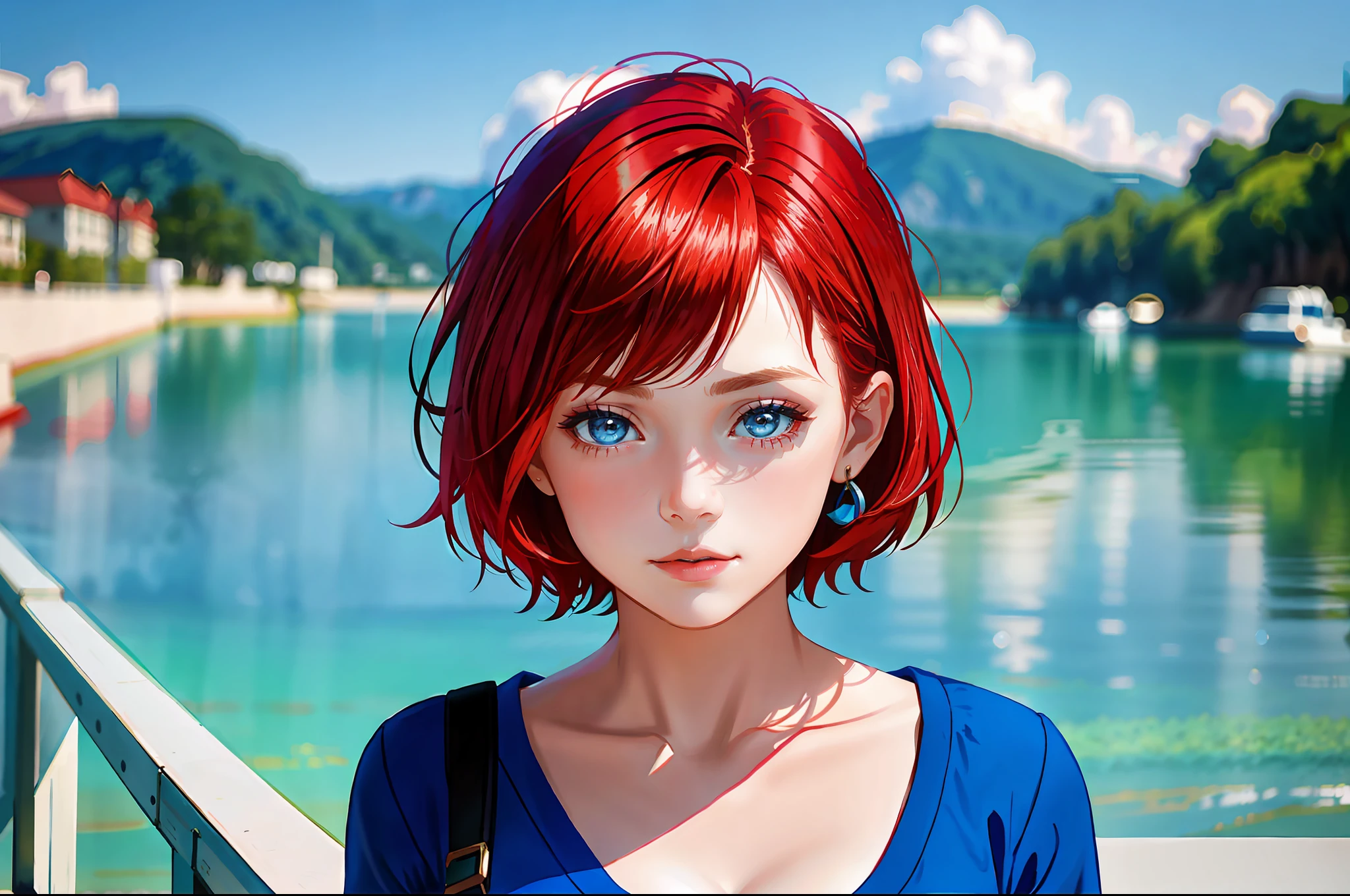there is a young girl with a short hair and a blue shirt, a redheaded young woman, soft portrait shot 8 k, photo of young woman, perfectly centered portrait, 7 0 mm portrait, red haired young woman, 4 k asymmetrical portrait, head centered portrait, 60mm portrait, landscape