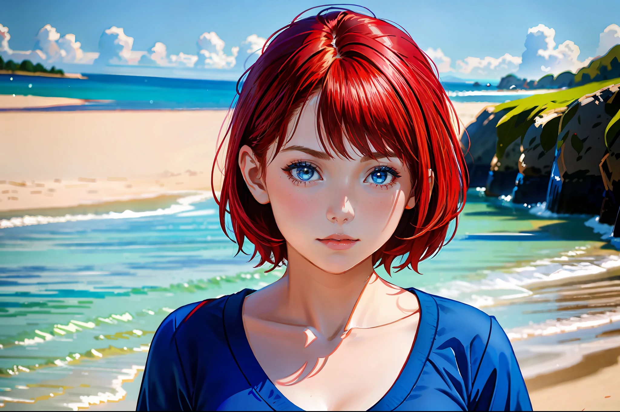 there is a young girl with a short hair and a blue shirt, a redheaded young woman, soft portrait shot 8 k, photo of young woman, perfectly centered portrait, 7 0 mm portrait, red haired young woman, 4 k asymmetrical portrait, head centered portrait, 60mm portrait, landscape