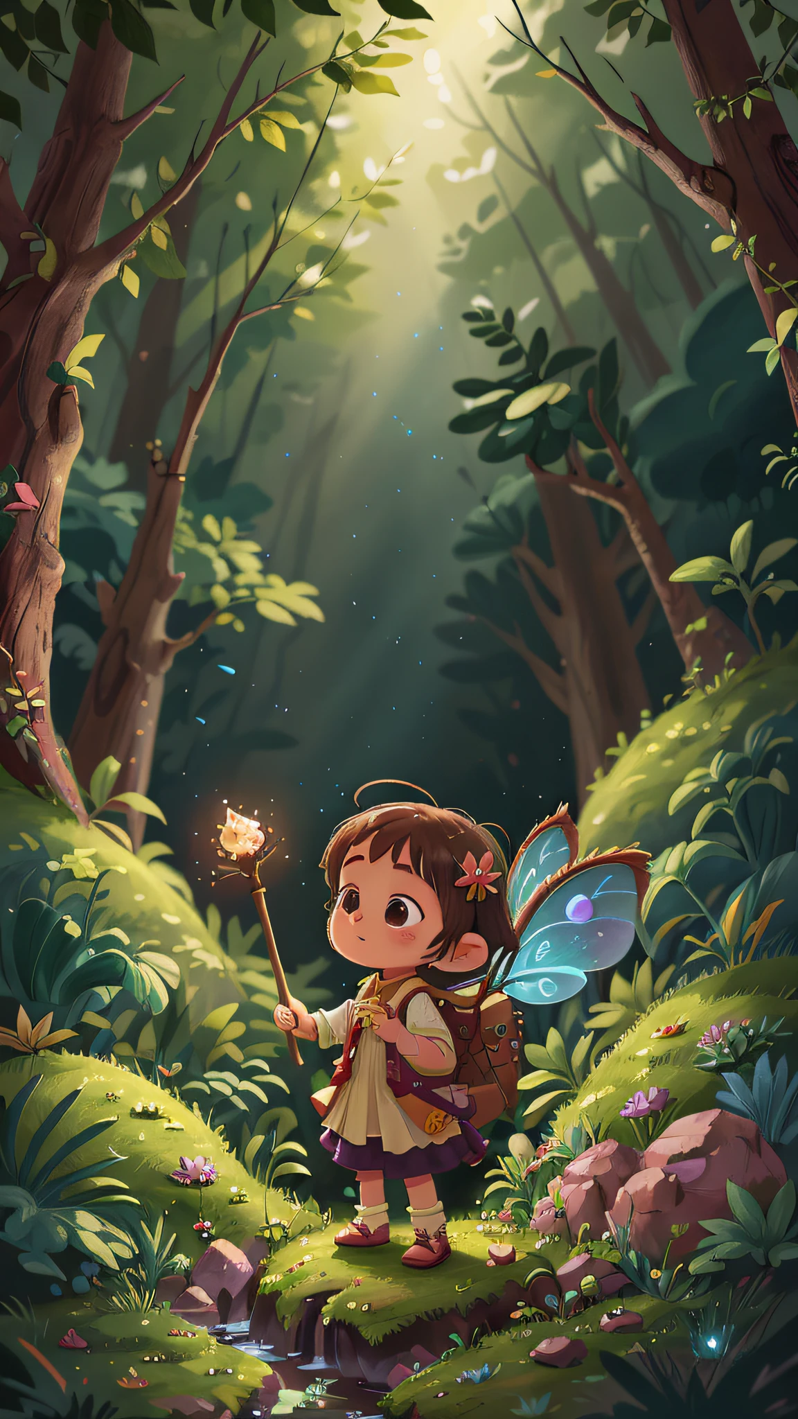 Little girl playing fairy stick, night forest, holding fairy stick, happy, happy, perfect quality, clear focus, (Masterpiece: 2.1) (Realistic: 1.2) (Bokeh) (Best quality) (Detailed skin: 1.3) (Intricate details) (8K) (Detail eyes) (Sharp focus) 2.1