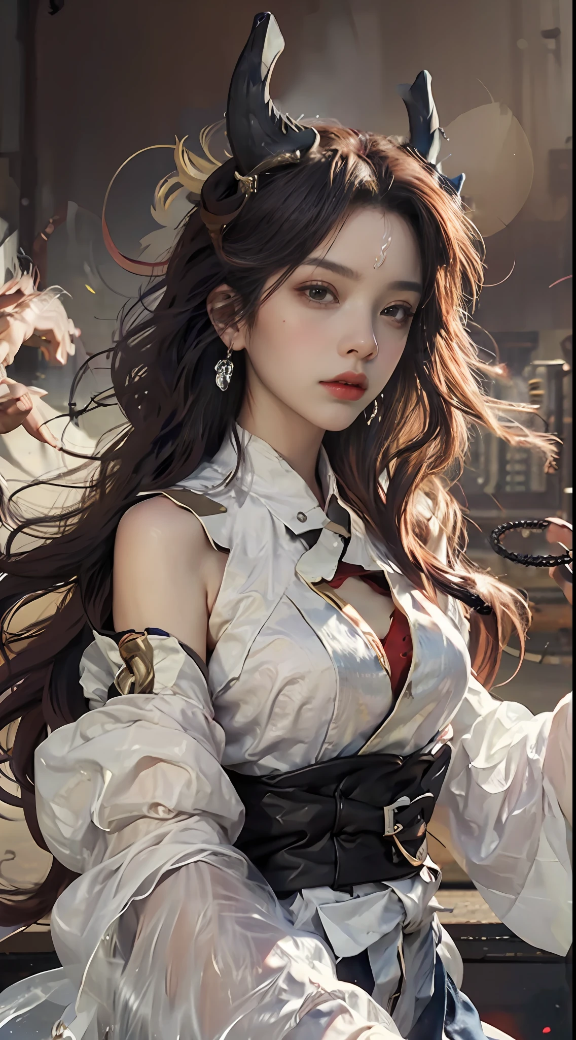 （RAW photos，best qualtiy），（realisticlying，photograph realistic：1.3），best qualtiy，highly  detailed，tmasterpiece，hyper-detailing，illustratio，1girll，upper_body，dynamic angle，Masterpiece Theatre of the World，messy_long_hair，best qualtiy，extremely detailed CG unity 8k wal，，astounding，cinmatic lighting，lens_flare，，dunhuang_style