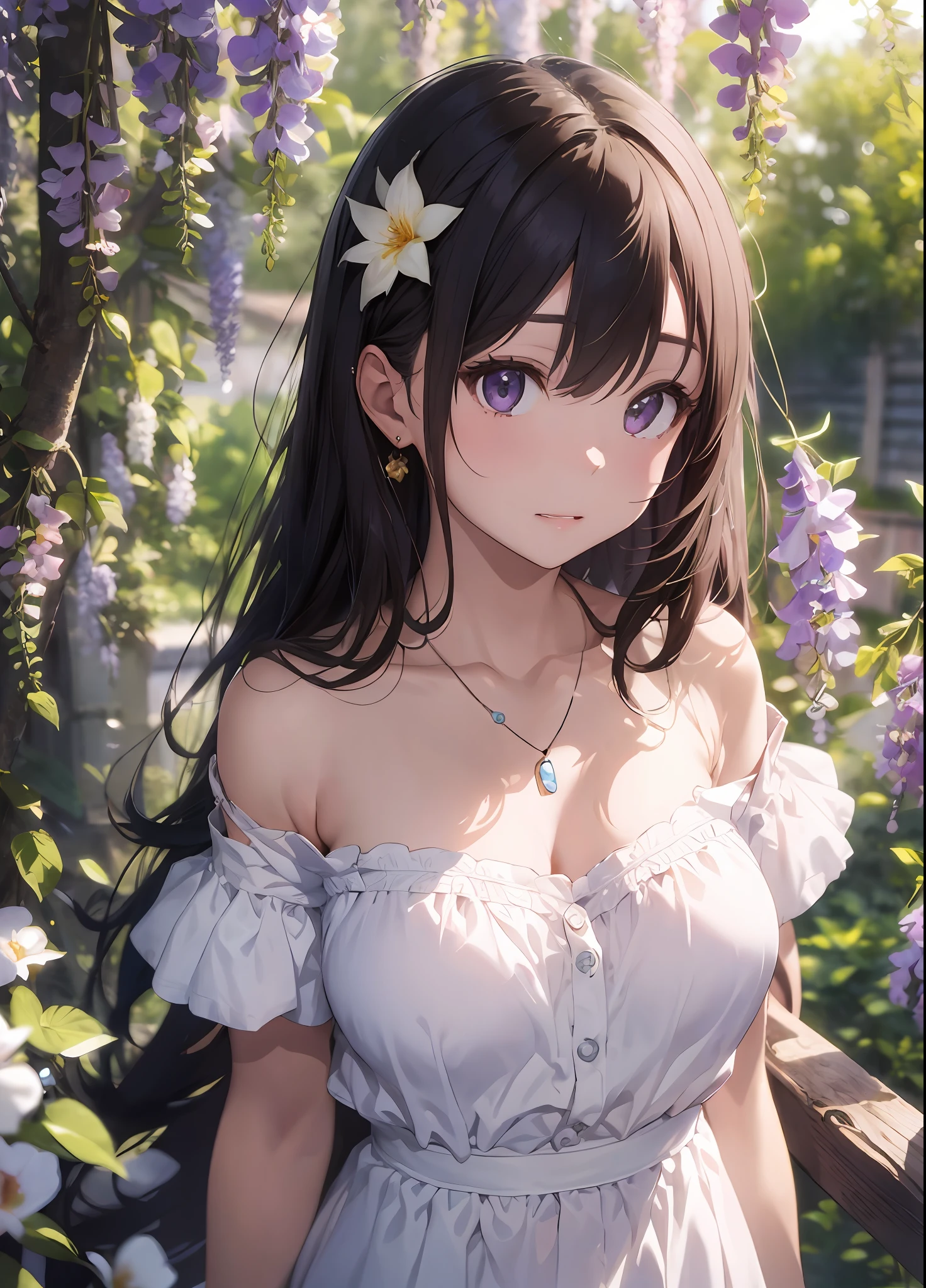 Beautuful Women、(top-quality、in 8K、32K、masterpiece、nffsw:1.3)、(Photorealsitic:1.4)、realisitic:1.2、Detailed skin、Elegance、top grade、Sunglare、lensflare、Detailed shading by sunlight、depth of fields、blurry backround、( White off-the-shoulder dress)、Wisteria shelf、Wisteria flower background、ear ornament、lady's、a necklace、(A sexy:1.2)、breastsout、