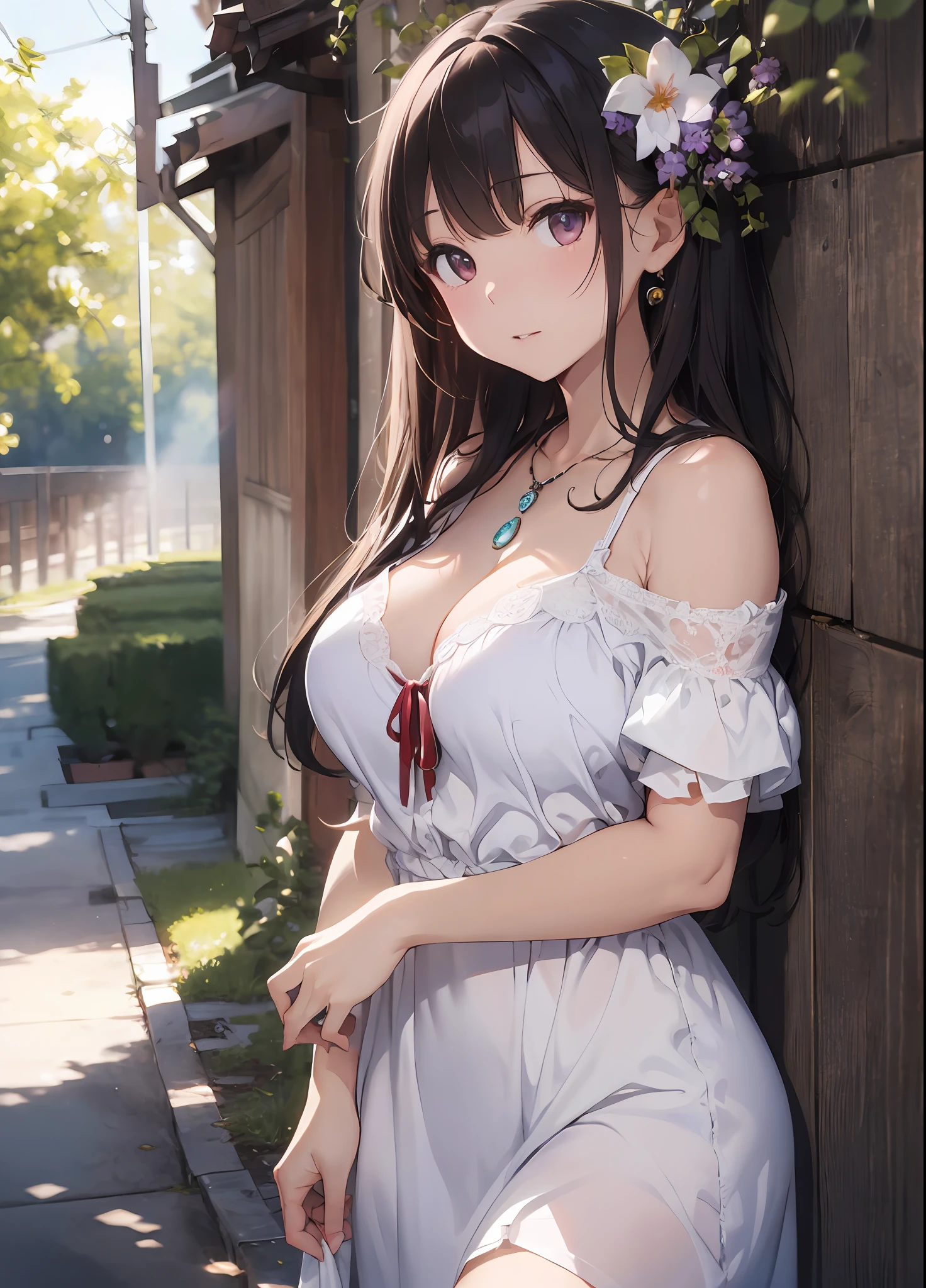 Beautuful Women、(top-quality、in 8K、32K、masterpiece、nffsw:1.3)、(Photorealsitic:1.4)、realisitic:1.2、Detailed skin、Elegance、top grade、Sunglare、lensflare、Detailed shading by sunlight、depth of fields、blurry backround、( White off-the-shoulder dress)、Wisteria shelf、Wisteria flower background、ear ornament、lady's、a necklace、(A sexy:1.2)、breastsout、