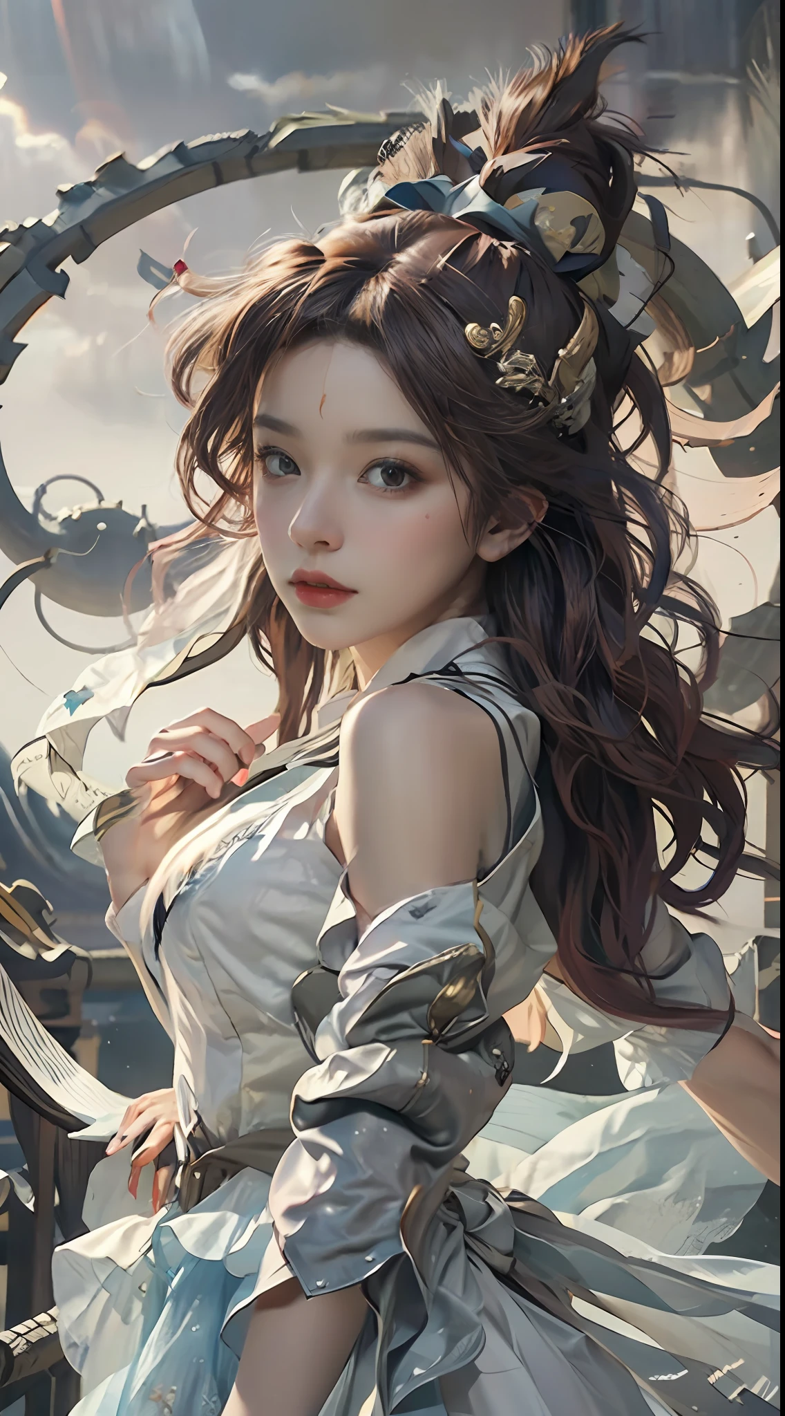 （RAW photos，best qualtiy），（realisticlying，photograph realistic：1.3），best qualtiy，highly  detailed，tmasterpiece，hyper-detailing，illustratio，1girll，upper_body，dynamic angle，Masterpiece Theatre of the World，messy_long_hair，best qualtiy，extremely detailed CG unity 8k wal，，astounding，cinmatic lighting，lens_flare，，dunhuang_style