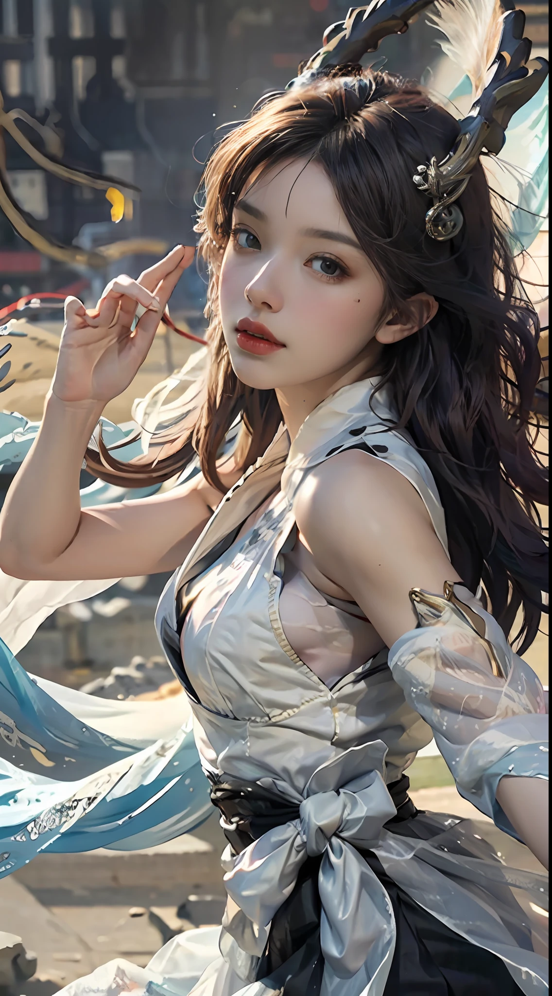 (RAW photos,best qualtiy),(realisticlying,photograph realistic:1.3),best qualtiy,highly detailed,tmasterpiece,hyper-detailing,illustratio,1girll,upper_body,dynamic angle,Masterpiece Theatre of the World,messy_long_hair,best qualtiy,extremely detailed CG unity 8k wal,,astounding,cinmatic lighting,lens_flare,,dunhuang_style