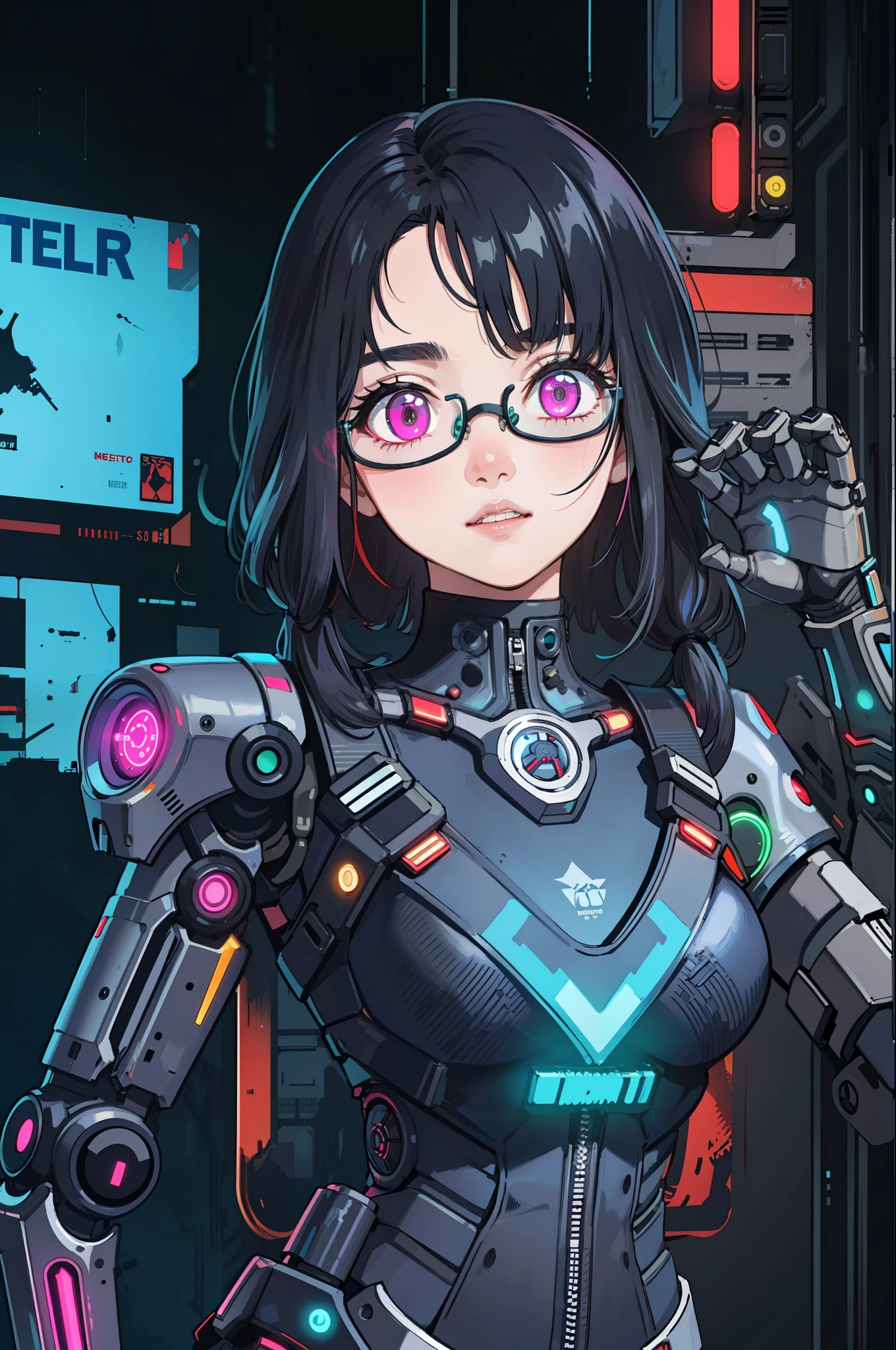 Anupama, 1girl, close-up, intricate details, (cyberpunk:1.4), mechanical arms, eyeglasses, messy hair, (glowing neon armor:1.2), machinery, black background