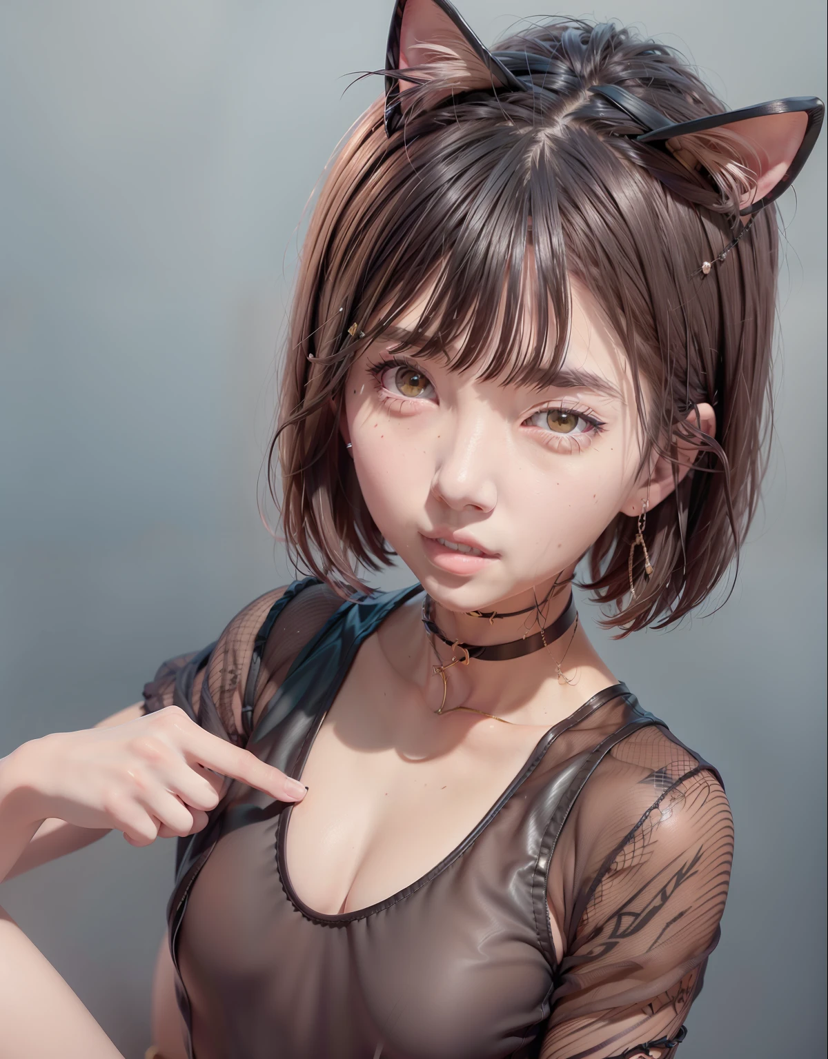 Arakfi with black cat ear chain and black cat ear chain, wearing a choker, piercings collar, ulzzangs, belle delphine, cruel korean goth girl, wearing gold detailed choker, lalisa manobal, wearing black choker, Yoshitomo Nara, lalisa manoban of blackpink