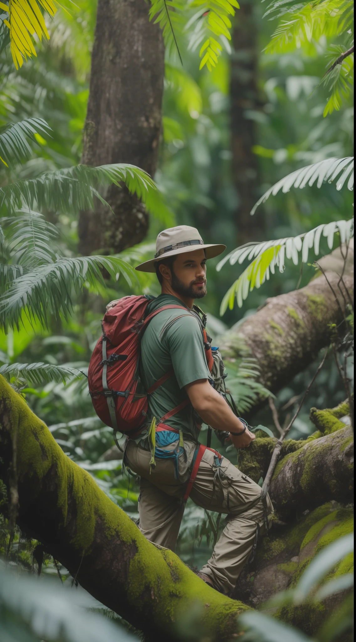 Beautiful close-up((adventurer)),jungles,oases,giant and wet trees,high qulity,tmasterpiece,All kinds of wildlife,wild plants
