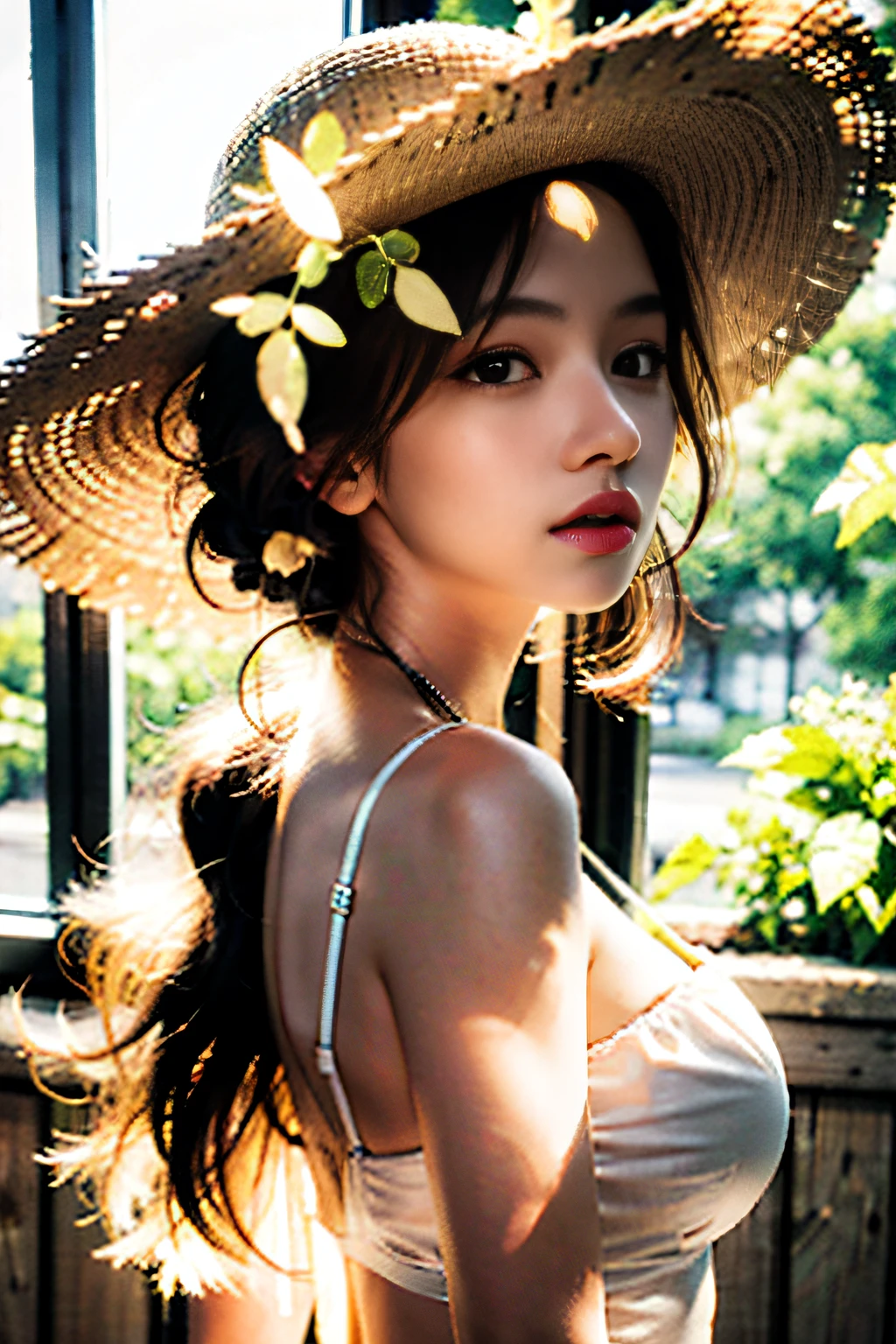 (closeup cleavage:1.5),(sface focus:1.2),(???? ???styled:1.5),
((Lateral face:2)),(1女孩被soft_Light:1.5包围),(The light from the back window is backlighted:1.1),(illuminating),(Flowing fabric:1.3),((Floral_Summer_dress:1.5),(straw_Hat:1.3)),
(tmasterpiece), realisticlying, hdr, highly detailed, 4K, RAW photogr,
naturey,Harmonious composition,a warm color palette,fine art photography,Do not have shadows on the face