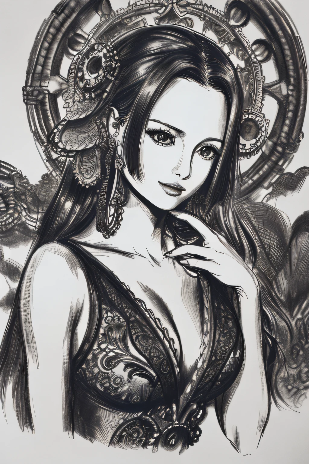 A mesmerizing greyscale pencil drawing capturing the captivating Boa Hancock from the anime series One Piece, depicted in a detailed portrait that extends till her upper body. Boa Hancock is portrayed wearing an enchanting steampunk-inspired dress, adorned with intricate gears, chains, and ornate lace that accentuate her regal and alluring presence. The sketch showcases the fine details of her dress, the flowing folds, and the delicate shading that brings depth to her form, all in stunning greyscale. The drawing is rendered in 4K HDR, allowing for impressive visual clarity and contrast. The background is kept minimal to accentuate Boa Hancock's captivating beauty and the intricate steampunk aesthetics of her attire. Style: Detailed pencil drawing with a focus on precise linework, shading, and texture, capturing the essence of Boa Hancock's steampunk dress. Execution: Created using high-quality pencils on fine-grained paper, employing various shading techniques to achieve a lifelike portrayal with rich details and textures, CogPunkAI , ((wanostyle))