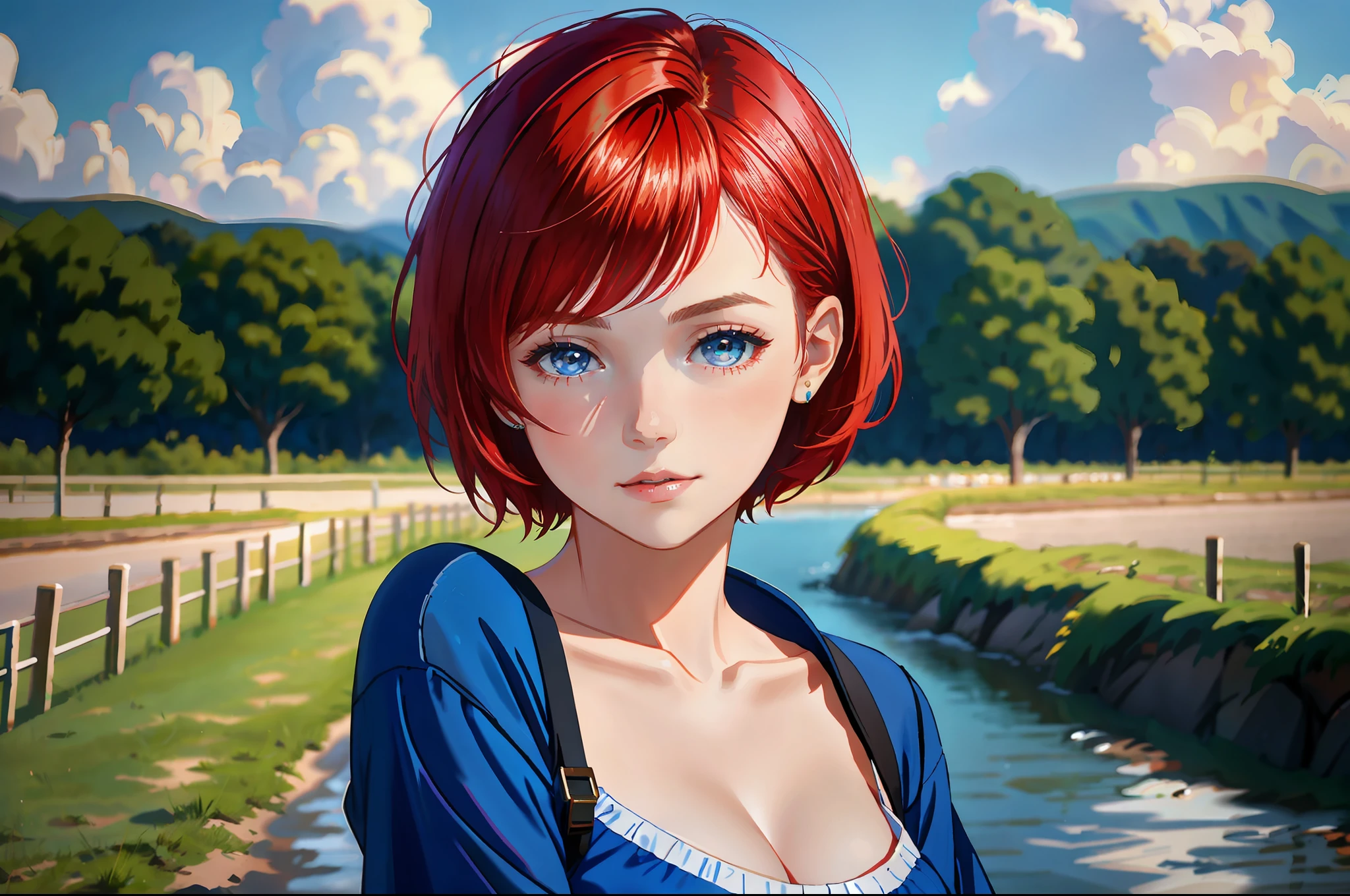 there is a young girl with a short hair and a blue shirt, a redheaded young woman, soft portrait shot 8 k, photo of young woman, perfectly centered portrait, 7 0 mm portrait, red haired young woman, 4 k asymmetrical portrait, head centered portrait, 60mm portrait, landscape