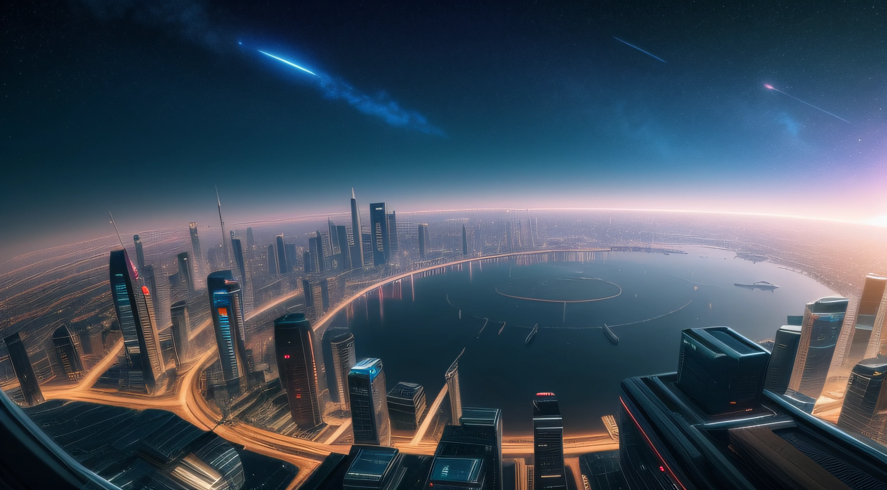 a future city, (Super detail: 1.4), cyberpunk, light, mist, many spaceships, future science and technology spaceship, future technology car, starry sky, CG style, hd wallpaper, cg art, 3D art, Surrealism, photorealistic, cinematic lighting, reflection light, atmospheric perspective, panorama, fisheye, lens flare, bokeh, Surrealism, UHD, super detail, award winning, high details, 8k --auto