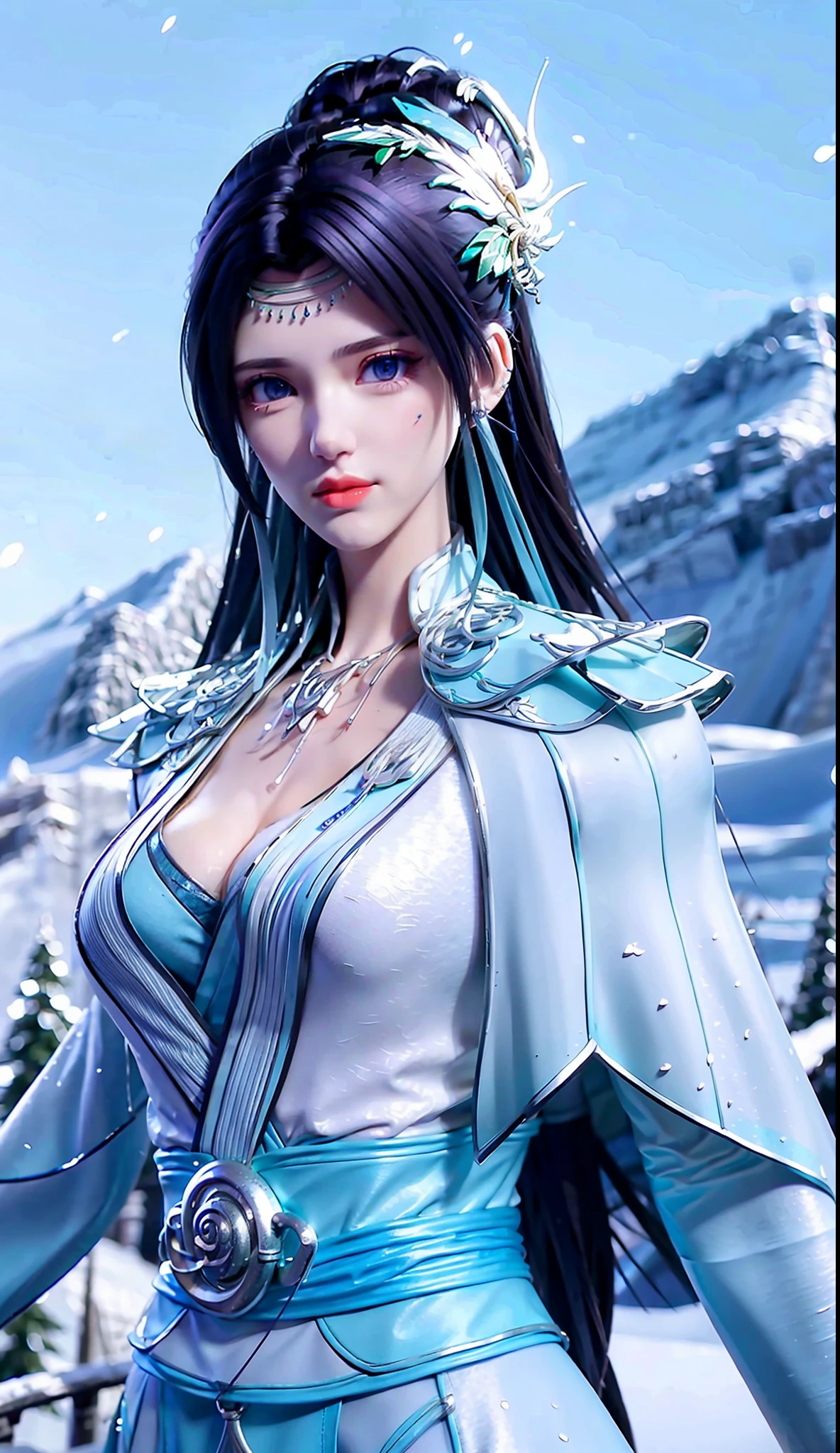 best qualtiy，tmasterpiece，Extremely Delicately Beautiful，The is very detailed，CG，unified，8k wallpaper，Beautiful Meticulous Girl，（very vey very detailed face），beatiful detailed eyes，
1girll，独奏，blur backgroun，（waist apron：1.3），Master shots，cultivating immortals，snowy mountain background，There is a Christmas tree