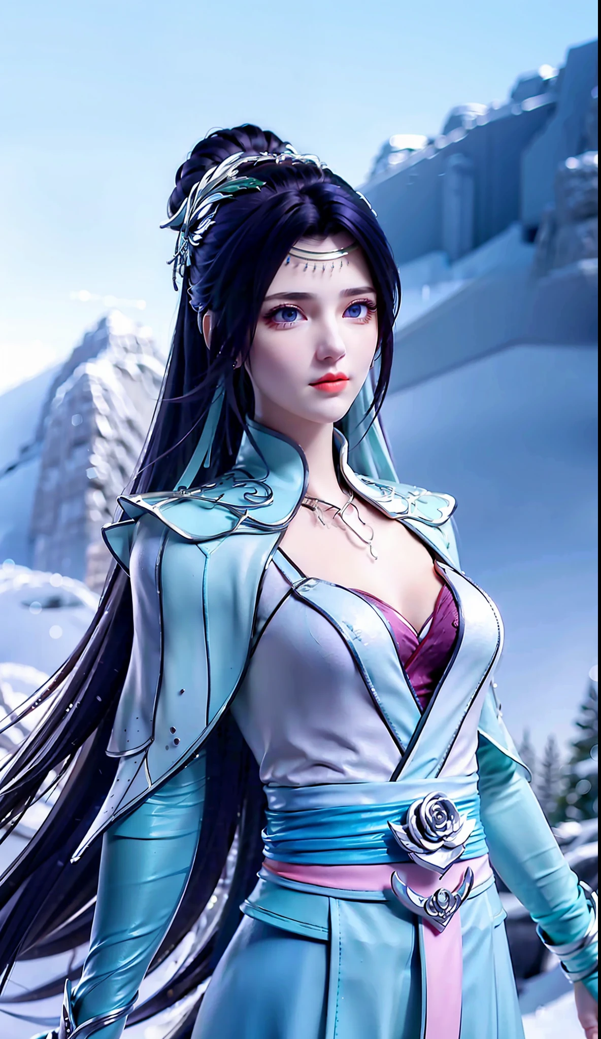 best qualtiy，tmasterpiece，Extremely Delicately Beautiful，The is very detailed，CG，unified，8k wallpaper，Beautiful Meticulous Girl，（very vey very detailed face），beatiful detailed eyes，
1girll，独奏，blur backgroun，（waist apron：1.3），Master shots，cultivating immortals，snowy mountain background，There is a Christmas tree