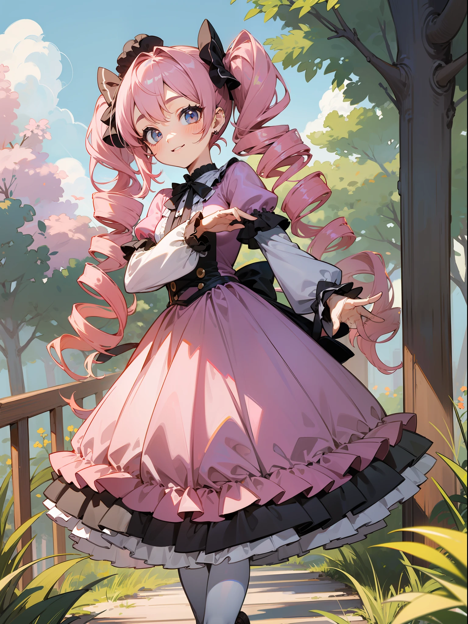 Masterpiece, hyper quality, Hyper Detailed, Perfect drawing,Hi-Res、1girll,ssmile、Loose and fluffy hair、(((drills twintails)))、A pink-haired、Big eyes with double eyelids、lofty nose、blusher(0.2)、small mouth、ear piercings、(((Lolita Fashion)))、Clothes with lots of lace and frills、Dresses in pastel colors、White or pink clothes、Premium Services、Luxury underwear、a miniskirt,knee high socks(:1.5),(garterbelts)、butt sticks out, Big round buttocks, blue-sky、Summer colors、Sunlight、Walking trail、Shooting from diagonally below,  portlate、beatiful backgrounds, meticulous drawing, Accurate drawing、Perfect illustration、Perfect Beautiful Girl、high-class sense、