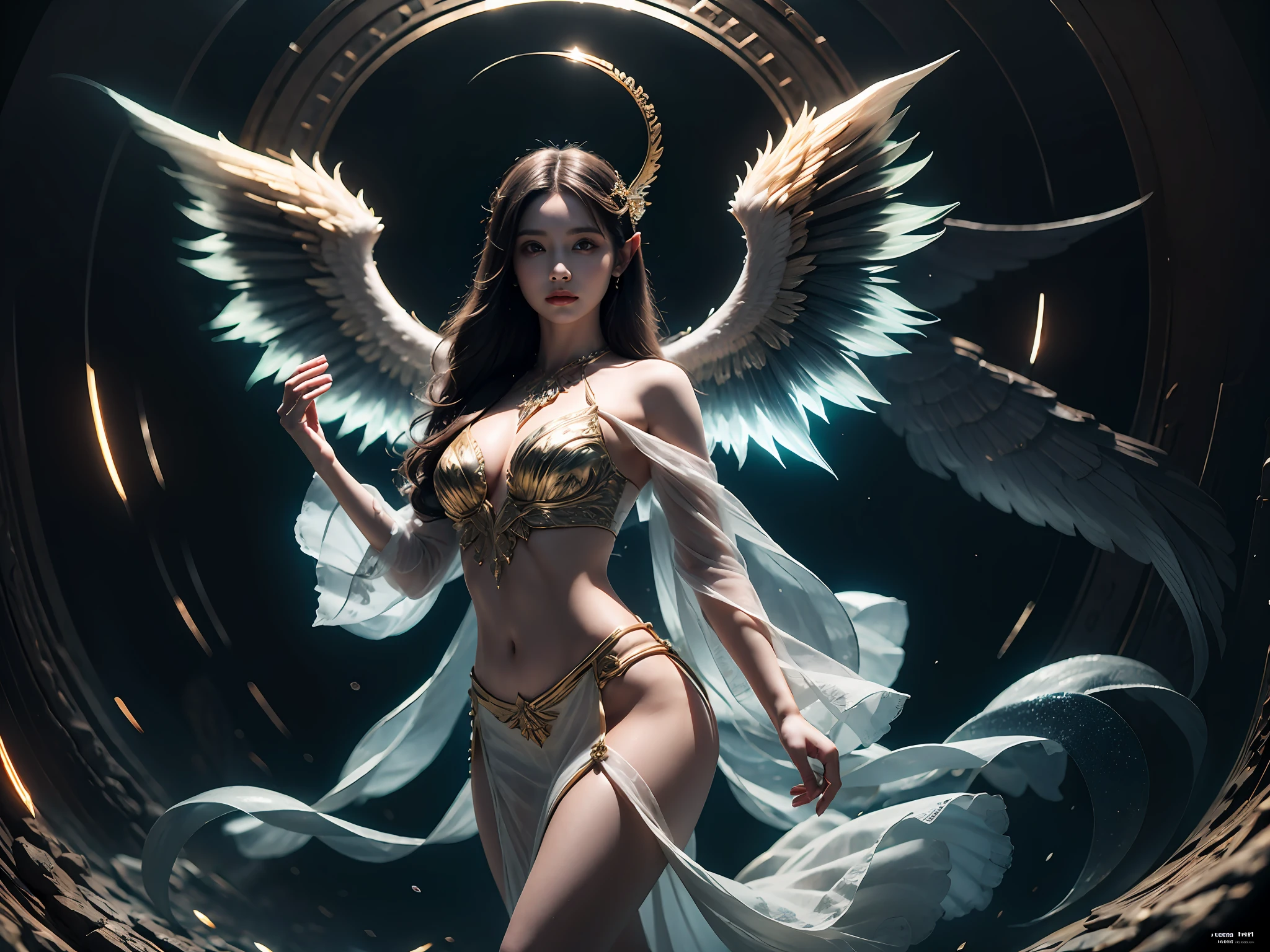 fish-eye lens, cosmic background, Countless twinkling galaxies and stars, Convoluted, Ultra-realistic full-length shot of an angel praying for viewers in the center of a circle, The microcosm revolves around angels, face to the viewer, Offer mercy, Comfort and love, stunningly beautiful face, The majestic twin wings of an angel growing from the back of an angel, Ultra-realistic and ultra-detailed real wings, Beautiful snow-white robes and translucent darkness, Long Blonde Hair, Hair and stars mix, Fantastic and sacred (1:1), ultra-detailliert, A hyper-realistic, Countless small lights twinkle、Blend into the darkness, ultra intricate, New splash art never seen before in space, Captivate your audience、Give your audience direction to move forward, What's next?. It is a masterpiece that will continue to win many awards in the future......