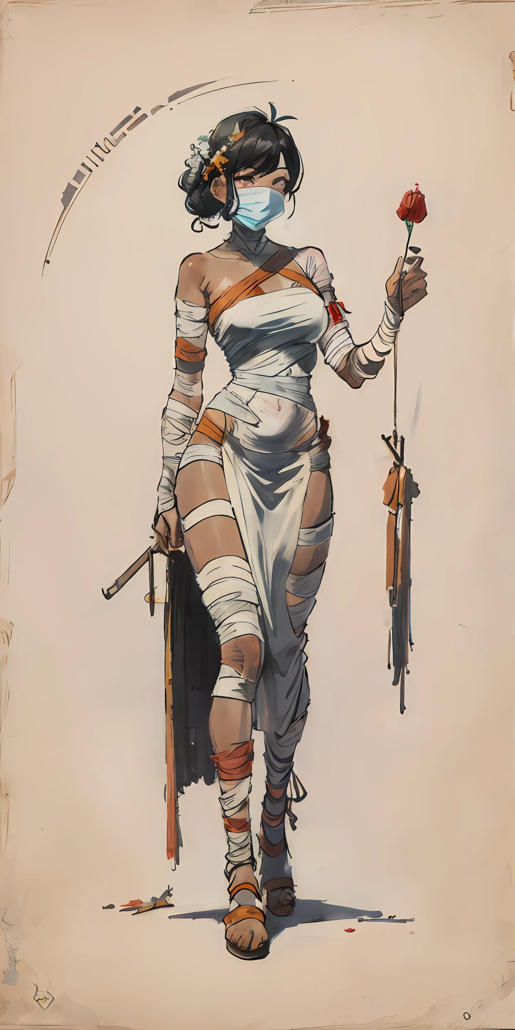 Mummy woman bandaged in cross design shape