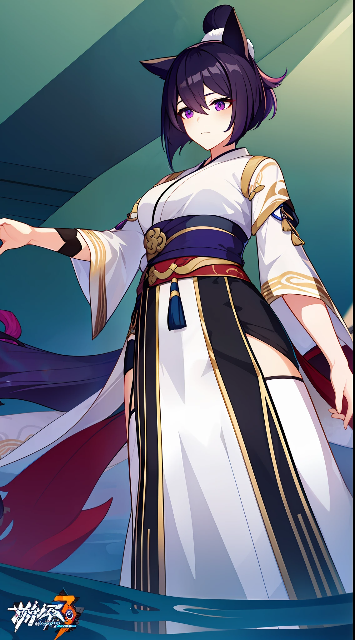 Tall girl, short purple hair, high ponytail, Fox ears, violet eyes, Hanfu, open breasts, grimalkin, combat stance, Masterpiece, hiquality