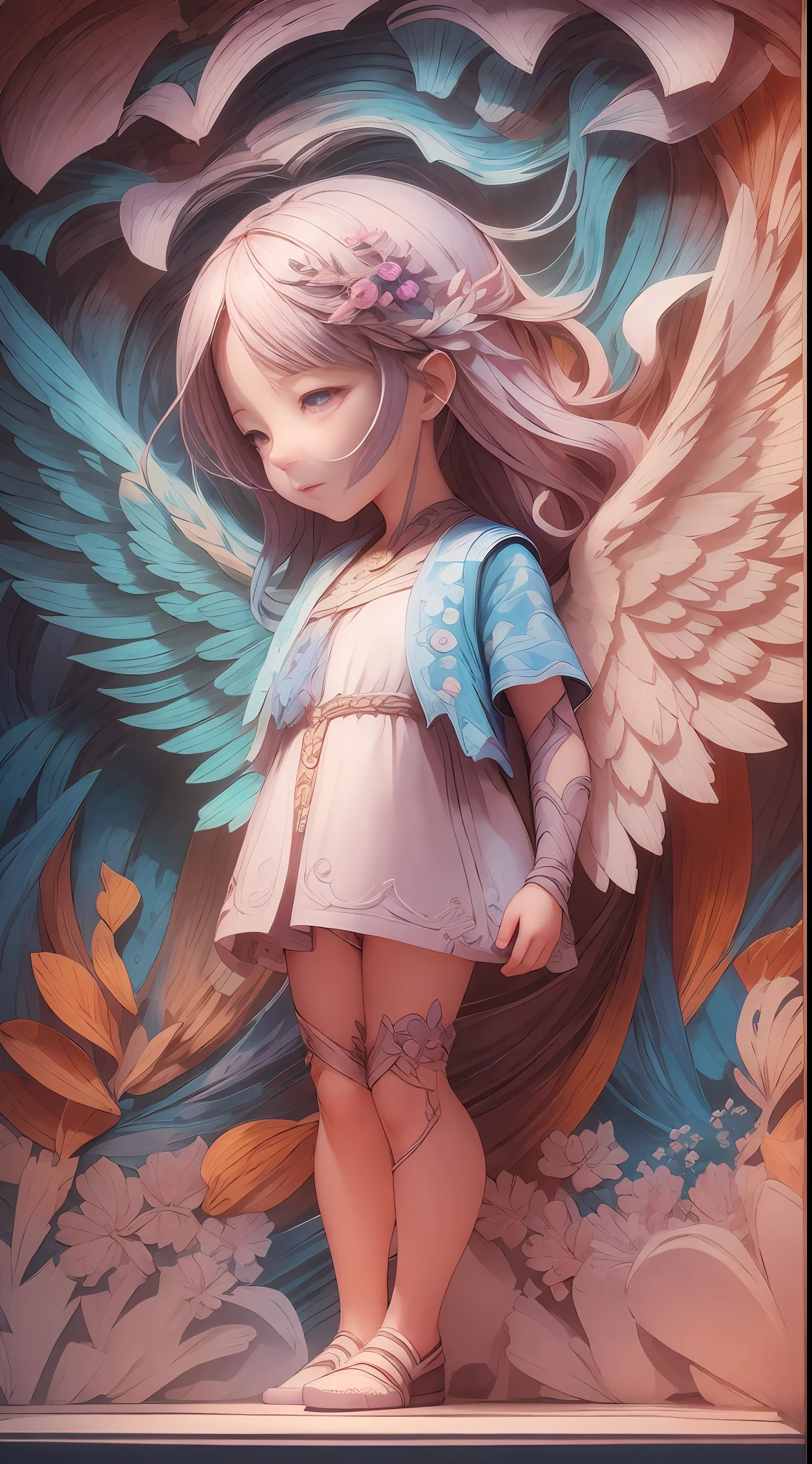 illustration: 1.3), paper art, 3D rendering of, Colorful background, (cute female child: 1.3), (Masterpiece Angel: 1.2) ), Colorful, Best quality, Detailed details, Masterpiece, offcial art, movie light effect, 4K, Chiaroscuro , Flash