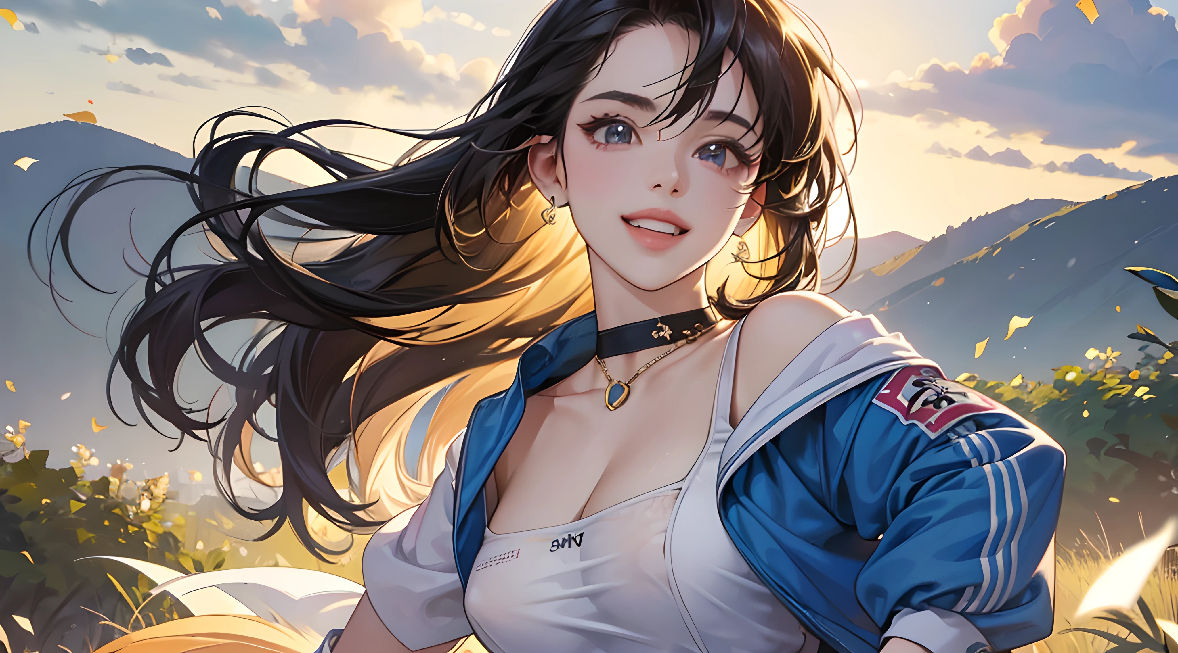 ((highest quality,8k,tmasterpiece:1.3)),((photograph of-realistic)),((Complicated details)),((choker necklace)),((耳Nipple Ring)),((look at a camera))),(Open your mouth to reveal your white teeth),(A refreshing smile),(with short black hair),(Sports uniforms),(Expose cleavage),(Large breasts),(Outdoors),(Very happy look),(seductive appearance),(A woman who is),(Golden earrings) --auto
