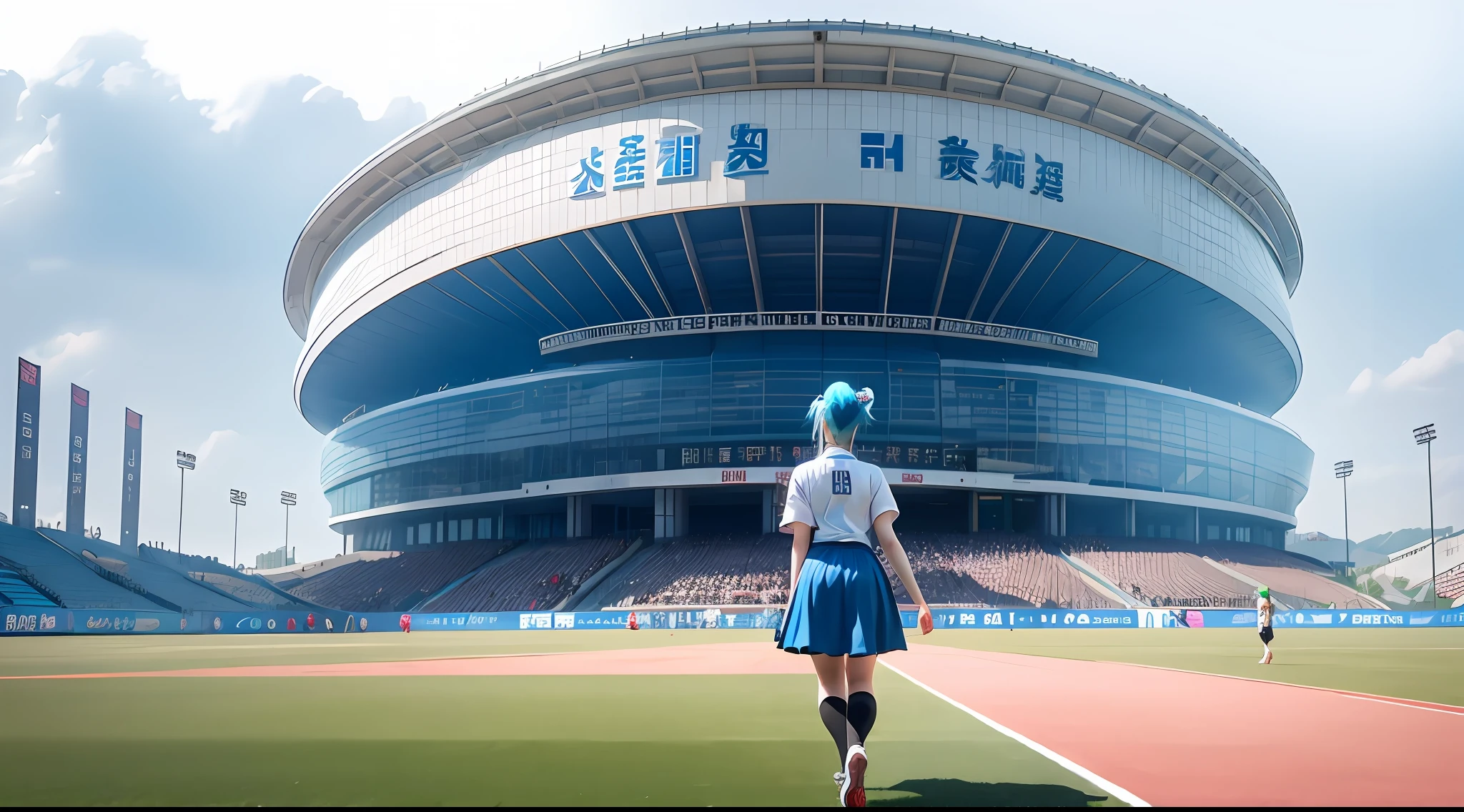 18MM FIXED,Cinematic shots,high definition 4k,blue hairs,Golden Dragon Horn,The beautiful venue of the Chengdu Universiade,Exquisite scenery of the arena,Beautiful character backs, ((On the field of the Chengdu Universiade,,In the daytime,On the runway:1.2))