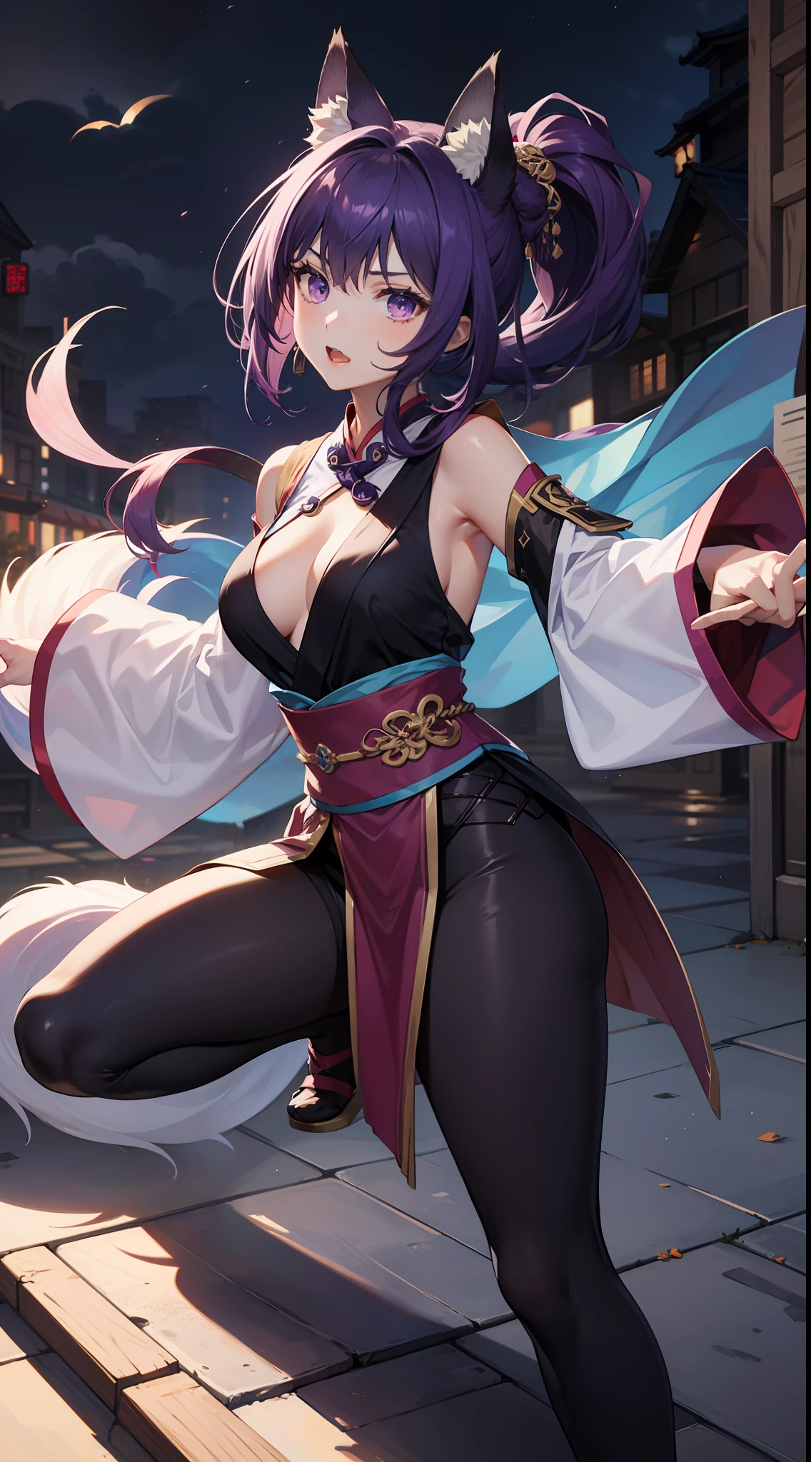 Tall girl, short purple hair, high ponytail, Fox ears, violet eyes, Hanfu, open breasts, grimalkin, combat stance, Masterpiece, hiquality