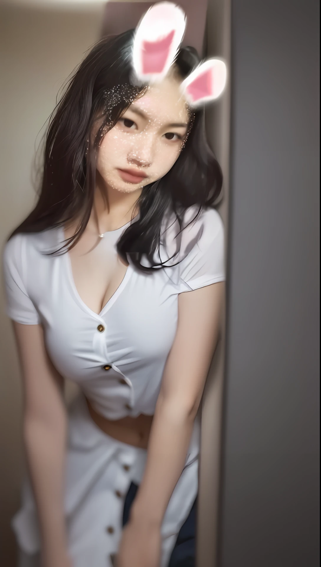 Cute beautiful girl,Raised sexy,Long legs,white skinned,cabelos preto e longos, Lori,enchanting,8K,The white shirt has two buttons unbuttoned on top,Good-looking collarbone,Anterior convex and posterior