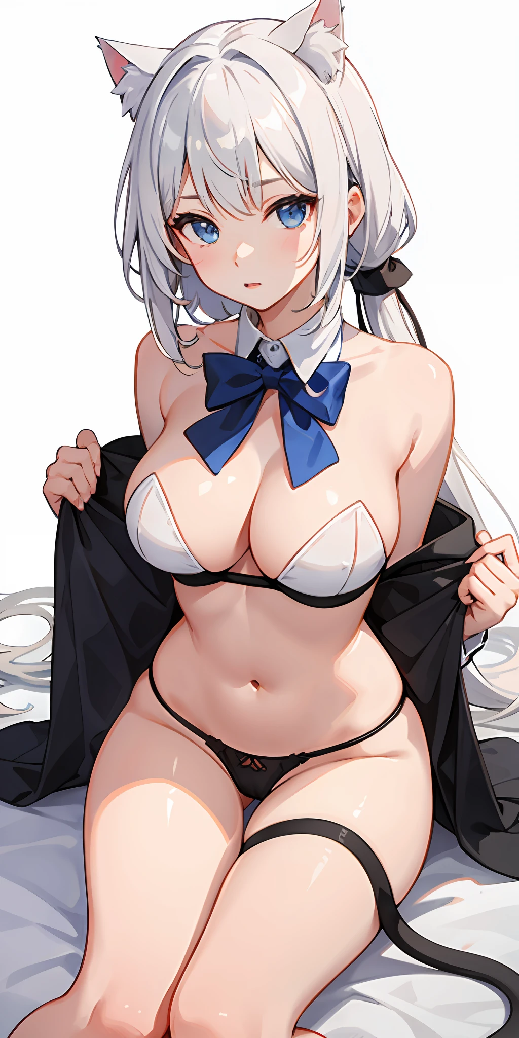 White color hair，blueneyes，Long hair single ponytail，Meow woman，Semi-nude JK school uniform，The kinky is exposed，delicated，nakeness，Unoccluded，seductiv，cat ear，full bodyesbian，No underwear，ultra-transparent underwear，A coquettish expression，big-breasted ，slightly fat big breasts，nudegirl，white stockings，Heteropupil