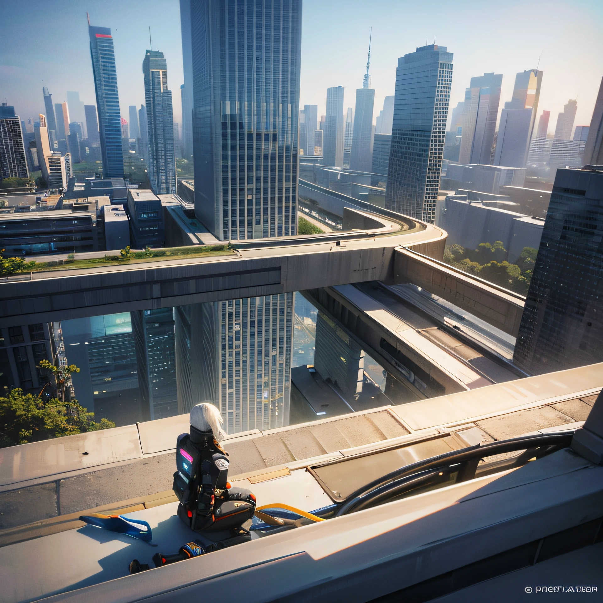 color photo of a 3D photorealistic representation of a futuristic community,4k, The scene is highly detailed, with sleek, modern architecture and advanced technology seamlessly integrated into the urban landscape. The environment is clean, with no visible signs of pollution or decay. The lighting is bright and artificial, creating a futuristic ambiance. The scene is shot from a high angle --auto