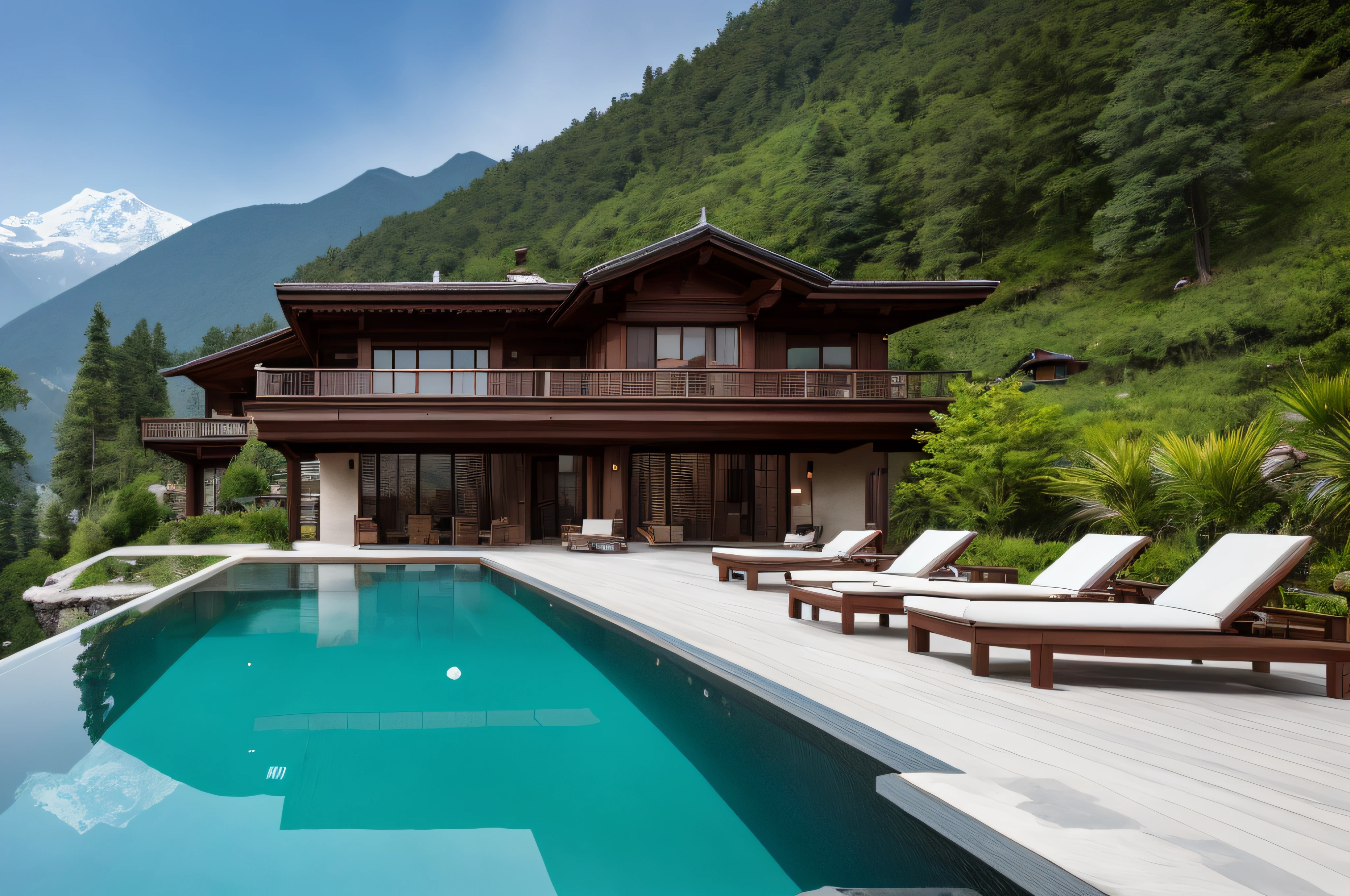 villa with a pool and lounge chairs next to a mountain, peaceful wooden mansion, chalet, a wide full shot, lake house, a stunning masterpiece, integrated in the mountains, view from the lake, villa, lush surroundings, detailed surroundings, exterior shot, high-end, photo realistic, , tibetan inspired architecture,
realistic scene , Modern, simple architectural style