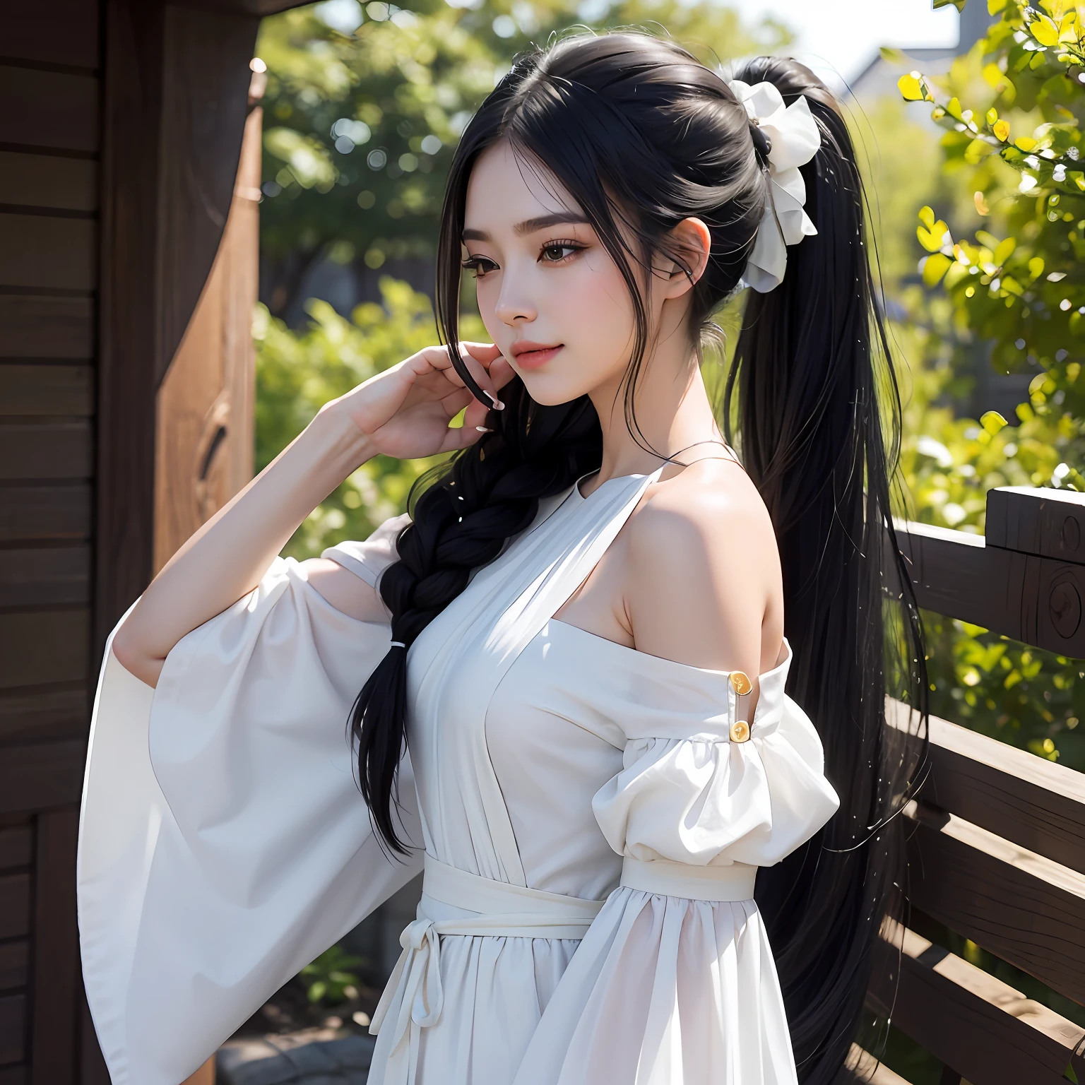 A tall girl, Thin stature, Wear a white half-sleeved dress, cabelos preto e longos, Single ponytail, Clothes sway with the breeze, sideface, Does not expose the shoulder back, Melon seed face shape, Willow eyebrows, braided ponytail, black hair, curtained hair, hair over shoulder, raised eyebrows, half-closed eyes, longeyelashes, light smile, first-person view, bokeh, character chart, cinematic lighting, high detail, Neoclassicism, high quality, high details --auto