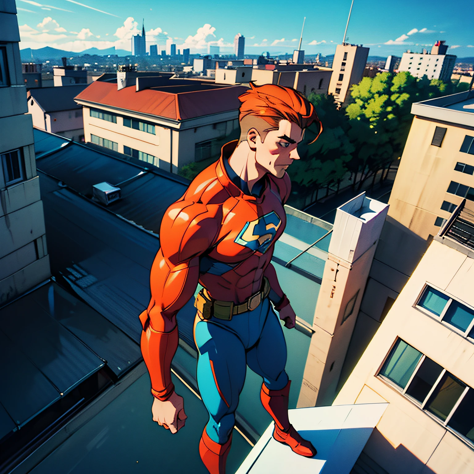 Close-up of superhero in blue tights，Stand on the roof of the building，Overlooking the bustling city，super heroes，large tall，Mighty，male people，Full coverage suits，Highest image quality，8k