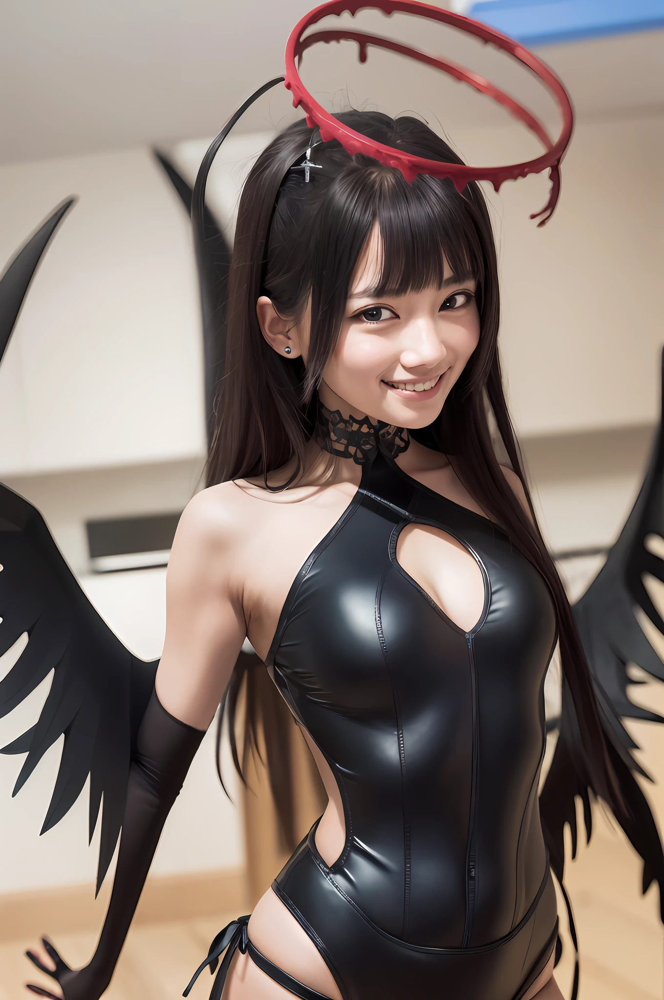 (masterpiece、top-quality:1.2), cowboy shot, 独奏, 1girll,Crazy smile, Look at viewers, Arms behind, Halo, Constricted eyes, Constricted pupils, student clothes, Black Serafuk, Black sailor color, Bondage Suit、Black wings
