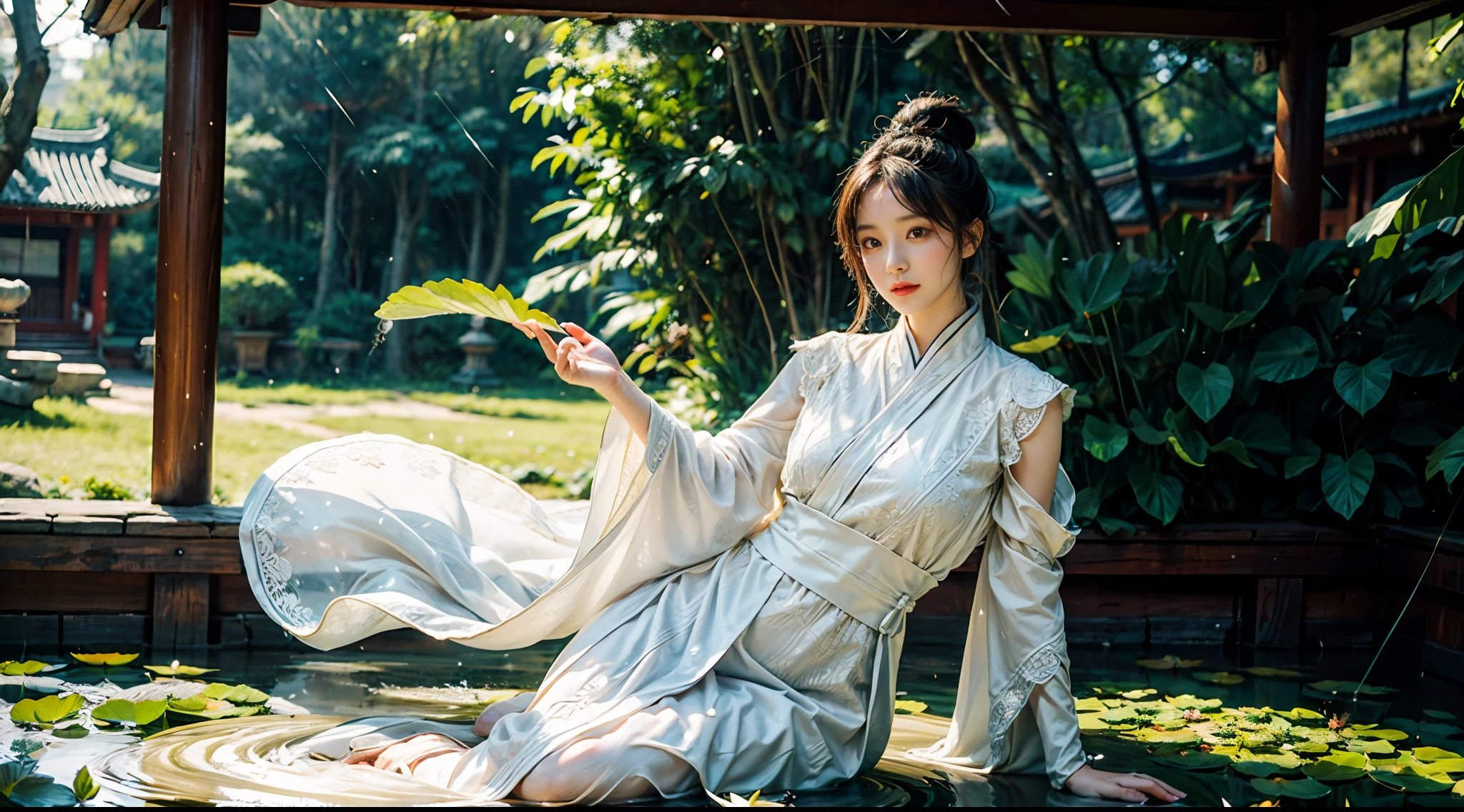 realistic, big vista, wide angle lens, intricate details, super detailed, natural skin texture, 1 girl, hair bundle, bun, beautiful Chinese woman in white hanfu robe cloak, fairy, white mist, golden light, white mist, outdoors, in Hangzhou West Lake, in ancient Chinese pavilion, (colorful, vivid, sunny, cool light: 1.2) lotus leaves in pond, delicate facial details, dynamic poses, exquisite details, wide view, epic details, global illumination - ar 3:2 - Q 5 - V 5.1 - Style RAW-S 750, style influenced by ancient Chinese art, complex, high detail, sharp focus, dramatic, photorealistic painting art, lotus leaf, spring rain, bright, light, atmospheric, bright tones of spring, super detail, 16k, best quality, soft light, space, crystal clear, natural light, surreal photography,