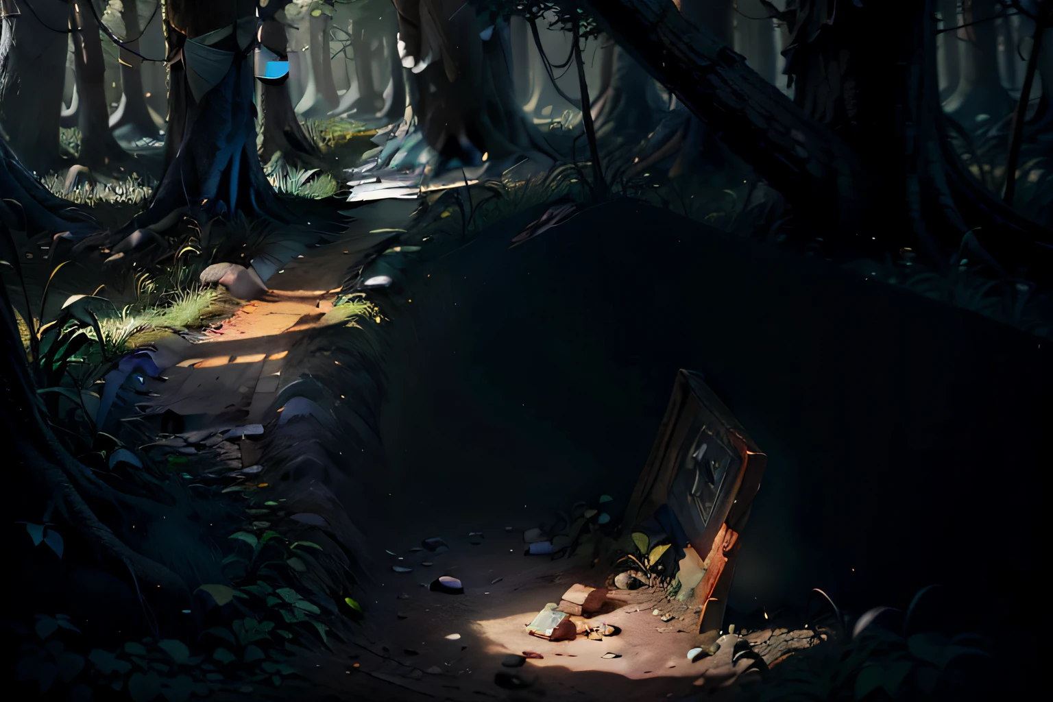 a buried treasure marked with an X on the ground in a mysterious and mystical forest, Mystical background, alta qualidade, UHD, Luminous Studio graphics engine, Ultra realista