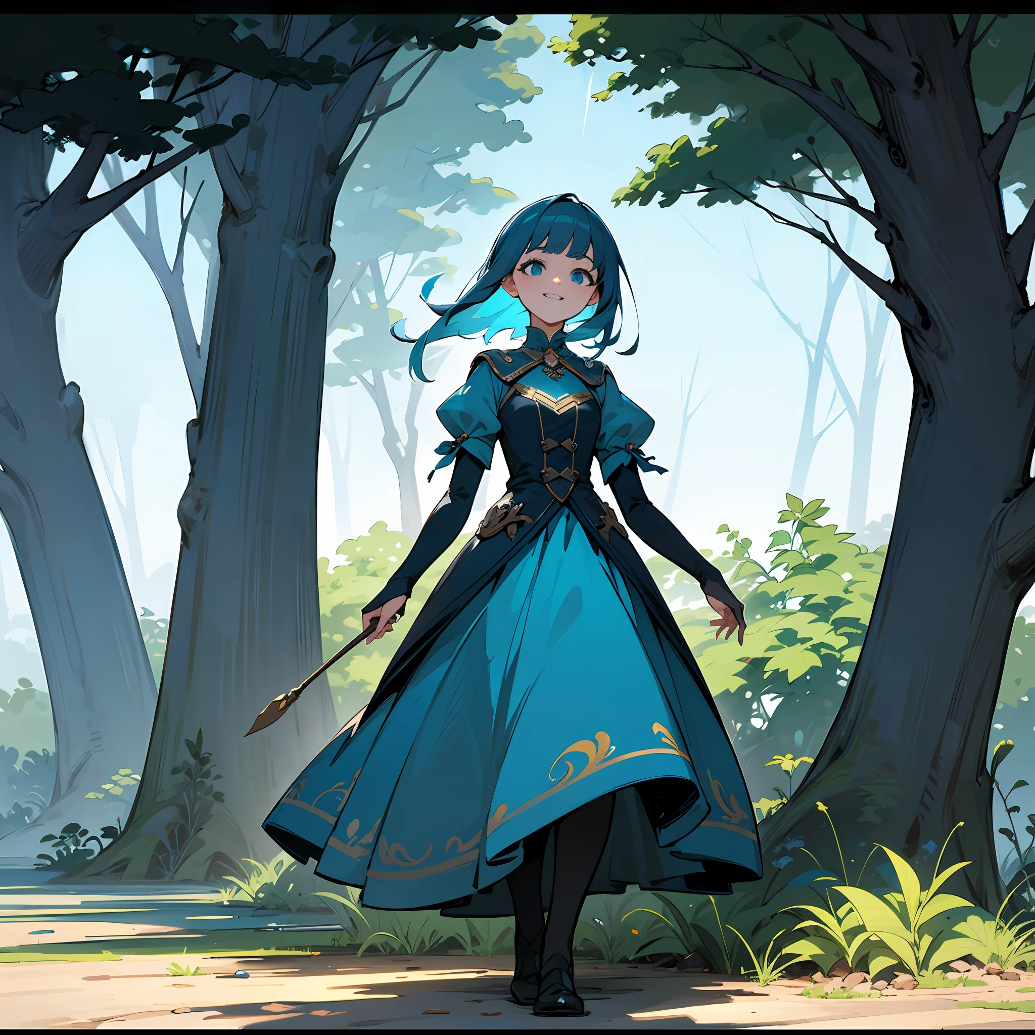 femele,,Bangs separated,blue color eyes,adolable,enchanting Garden,trees around,comic artstyle,haunting smile,
