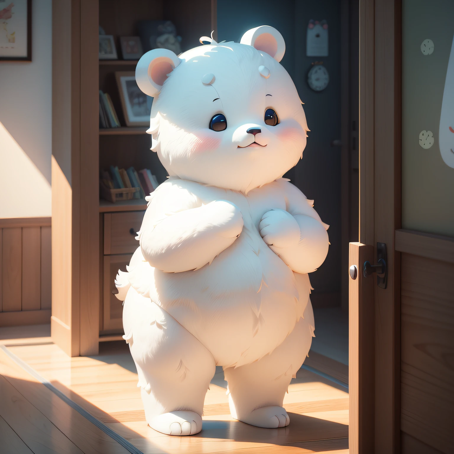 A cute white bear wearing shorts, standing naturally and full-faced, Bubble Mart style, clean and simple design, IP image, high-grade natural color matching, bright and harmonious, cute and colorful, detailed character design, behance, Shanghai style, Organic sculpture, C4D style, 3D animation style character design, cartoon realism, fun character setting, ray tracing, children's book illustration style --s 750 --niji 5 --auto