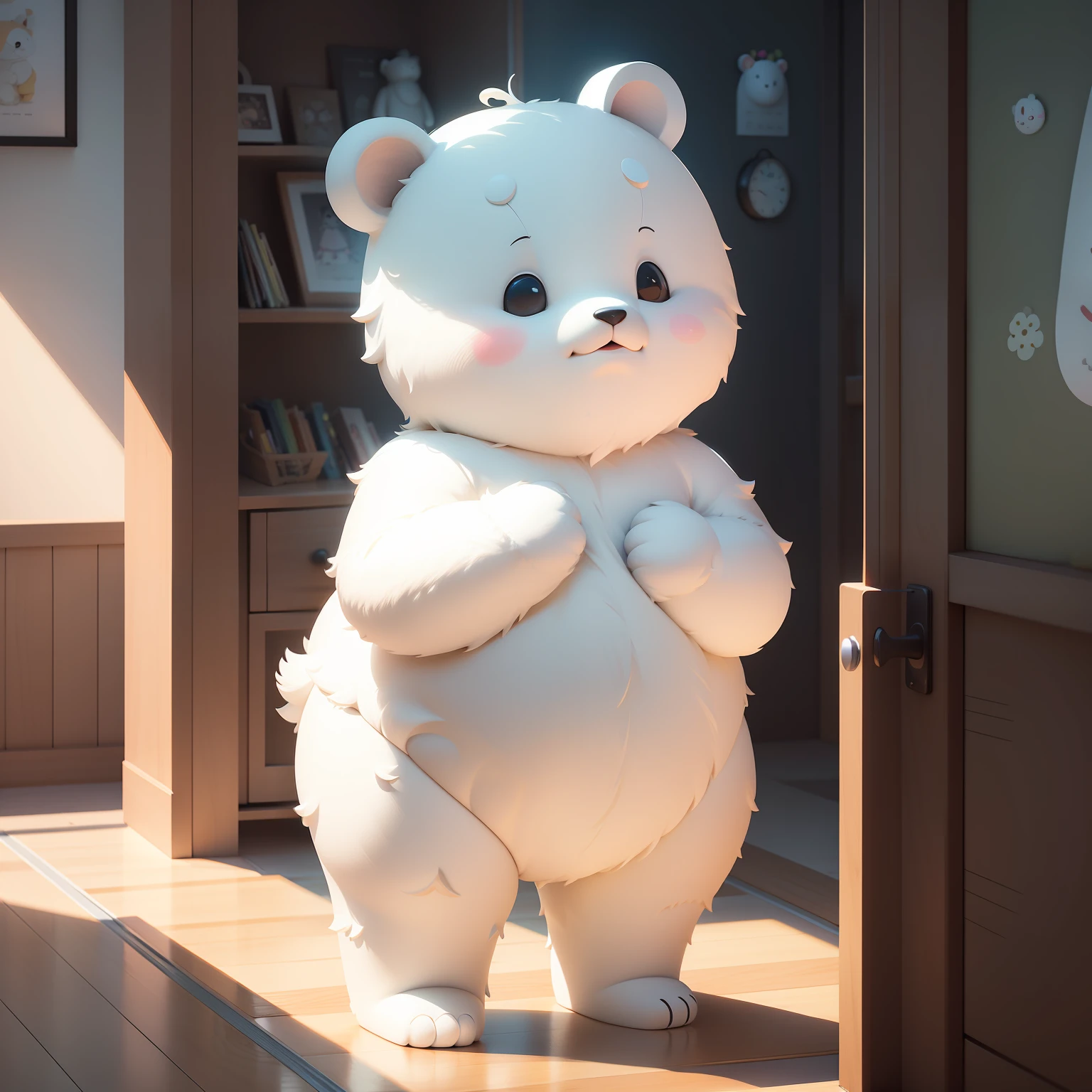 A cute white bear wearing shorts, standing naturally and full-faced, Bubble Mart style, clean and simple design, IP image, high-grade natural color matching, bright and harmonious, cute and colorful, detailed character design, behance, Shanghai style, Organic sculpture, C4D style, 3D animation style character design, cartoon realism, fun character setting, ray tracing, children's book illustration style --s 750 --niji 5 --auto