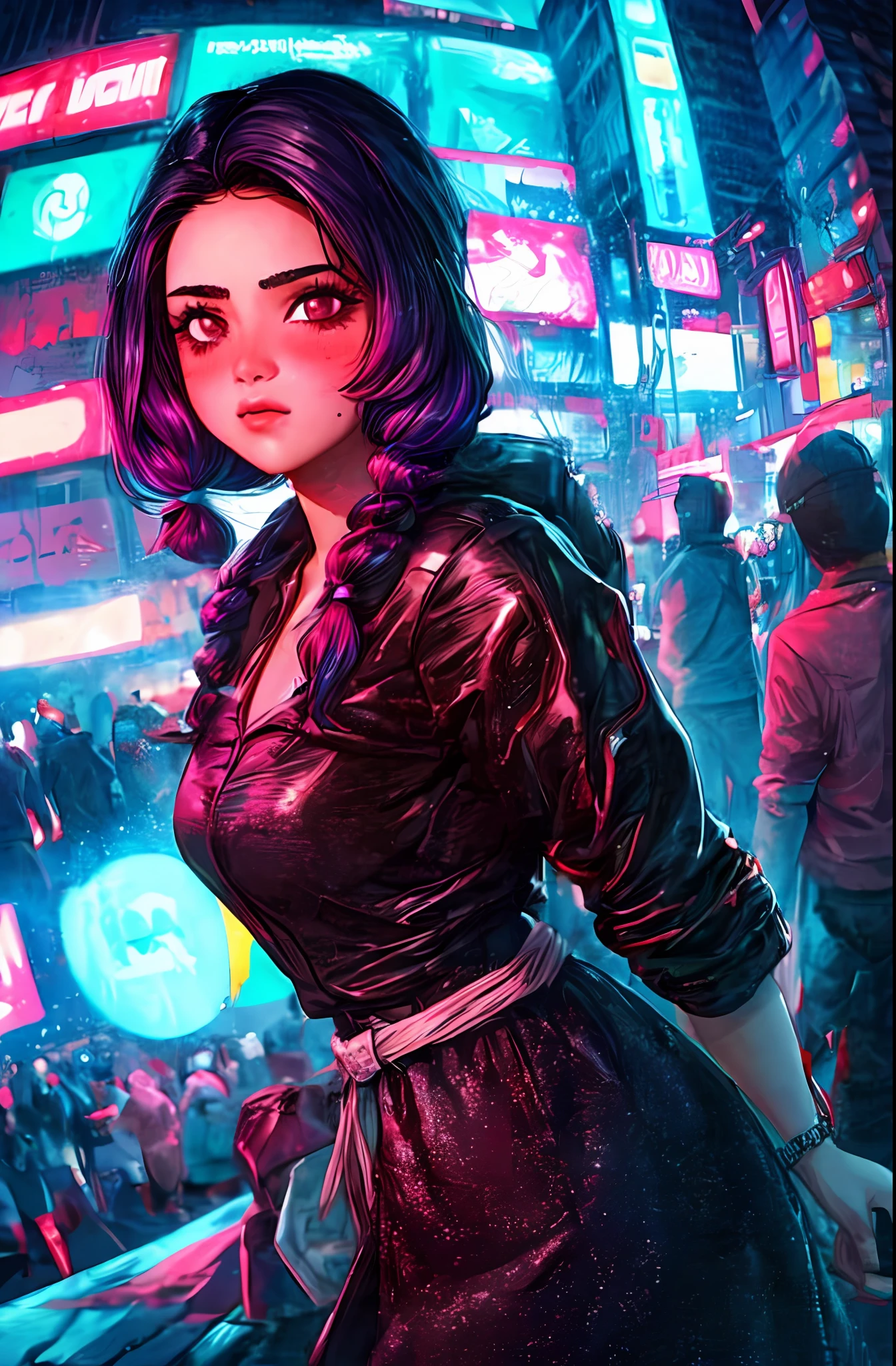 Anupama, 1girl,Creative hair,Rainbow Hair,City streets,fisheye,neon cold lighting, cyberpunk, blush, Waist Shot,Detailed face details,dynamic pose, rim lights,