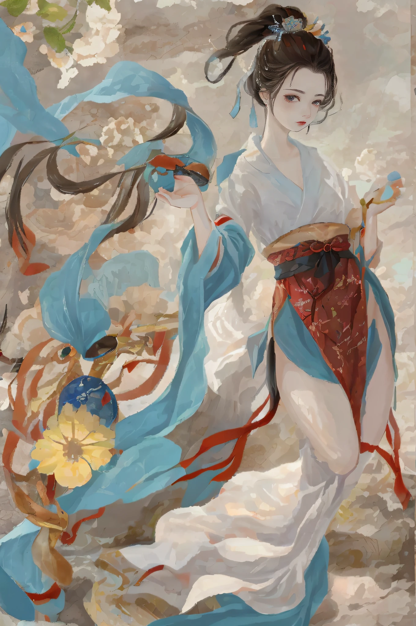 Ancient Chinese beauties sit on stones,wearing ancient Chinese costume,Flowing tulle,Light silk,Lazy posture,large lotus leaf,lotuses,Ink painting style,clean color,Leave white space,ultra-detailliert,Epic composition, high qulity, HighestQuali, 4K --v 6