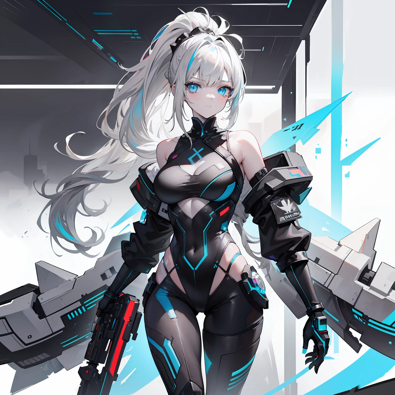 Cyberpunk woman,fansty world,white light background,Clean design,Epic Instagram,art stations,Colorful paint splashes,contours,Hyper-detailed intricate details,unreal-engine,fanciful,Complicated details,splash image,complementary colours,fantasy concept art,8K分辨率,A masterpiece of deviantart,oil painted,Heavy strokes,paint drips,(Isolate on a white background:1.3),Rainbow skins,(((beautiful young))), ((Girly lower body 1.5)), (Glowing light blue eyes), ((Eyes have light)),((((Gray and tall ponytail hair 1.1))), ((black andwhite,Tall figure
