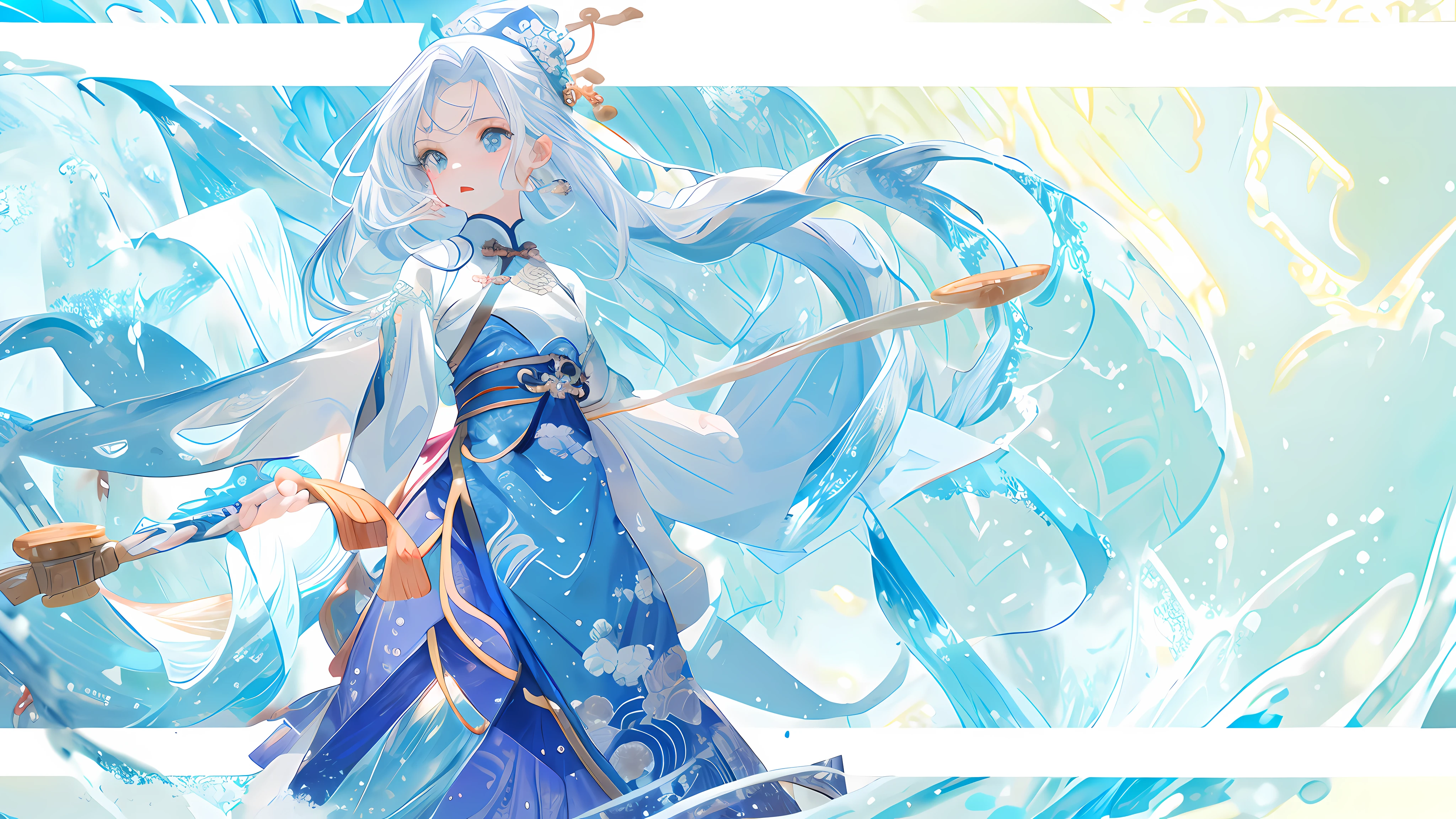 Exquisite facial features，Nice face，best qualtiy，tmasterpiece，ultra - detailed，swell sea，Buble，water flowing，one-girl，White color hair，blue skirts， Ancient Chinese clothing，National style background， 超高分辨率， 1girll，Hide your hands， adolable，Raised sexy，Exposed flesh，seductiv，Big chest， boobs exposed， 10 years old， childish looks， Kawaii face， Detailed skins，， Chinese ancient style， full bodyesbian， Slim，